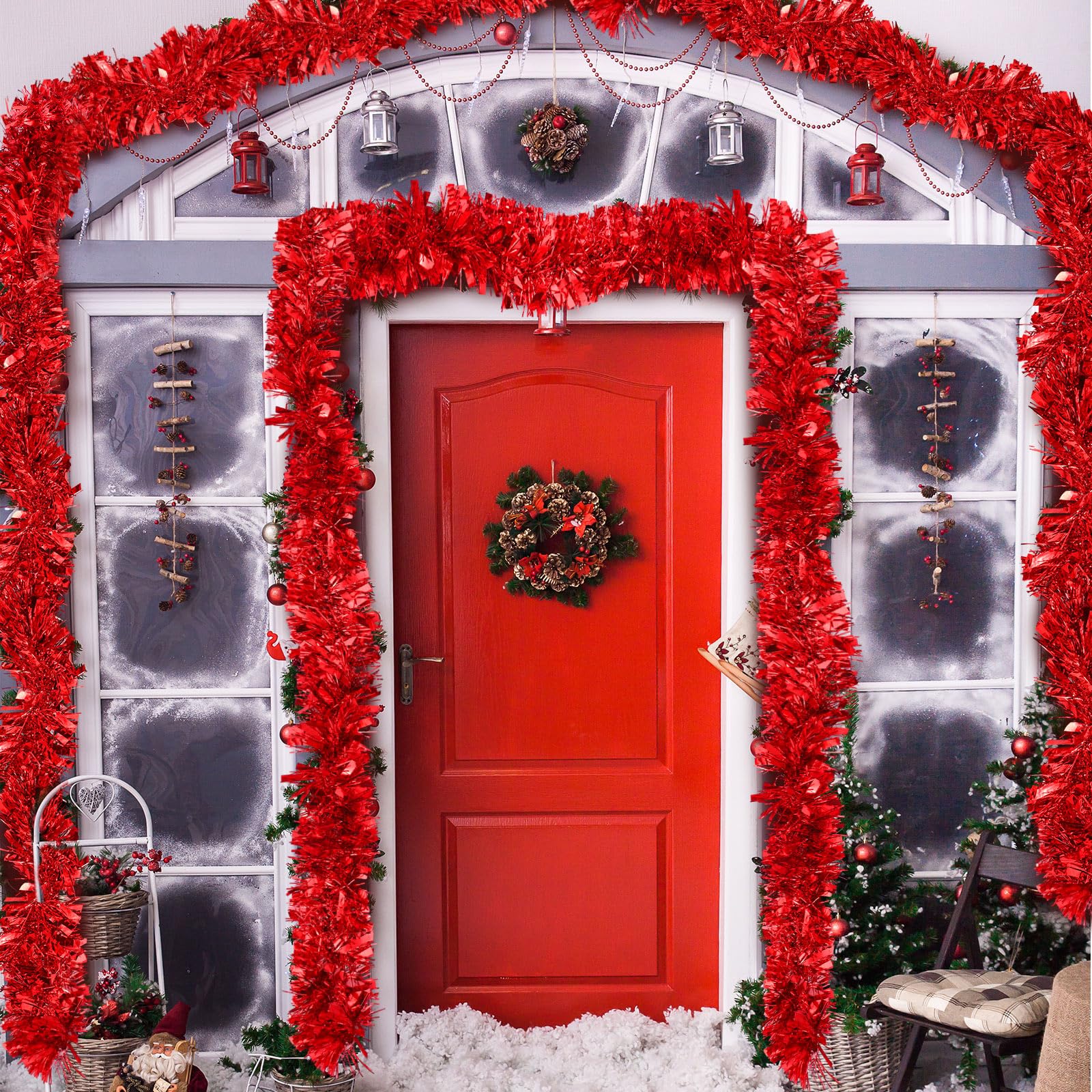 Riceshoot 131.23 ft Christmas Tinsel Garland Red Metallic Garland Decoration Hanging Twist Glittering Christmas Garlands for Xma