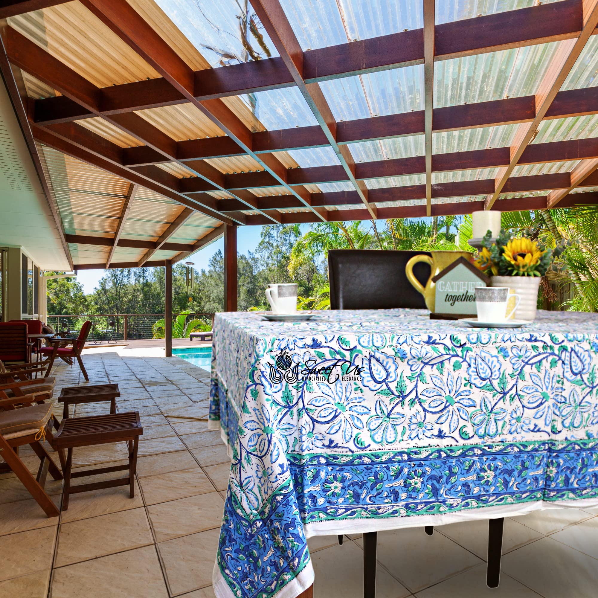 Sweet Us Venetia Block Print Tablecloth For Square Tables 70X70 And One Gray Napkin, Floral Cotton Kitchen, Dining Linen, Blue G