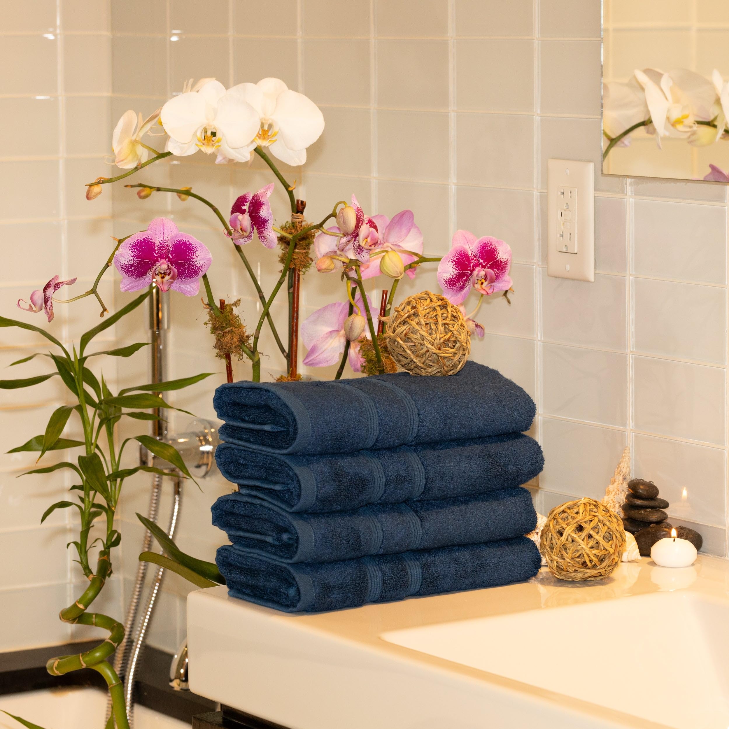 Mosobam 700 GSM Hotel Luxury Hand Towels 16X30  Set of 4  Navy Blue  Turkish Hand Towels  Viscose Made from Bamboo - Turkish Cotton