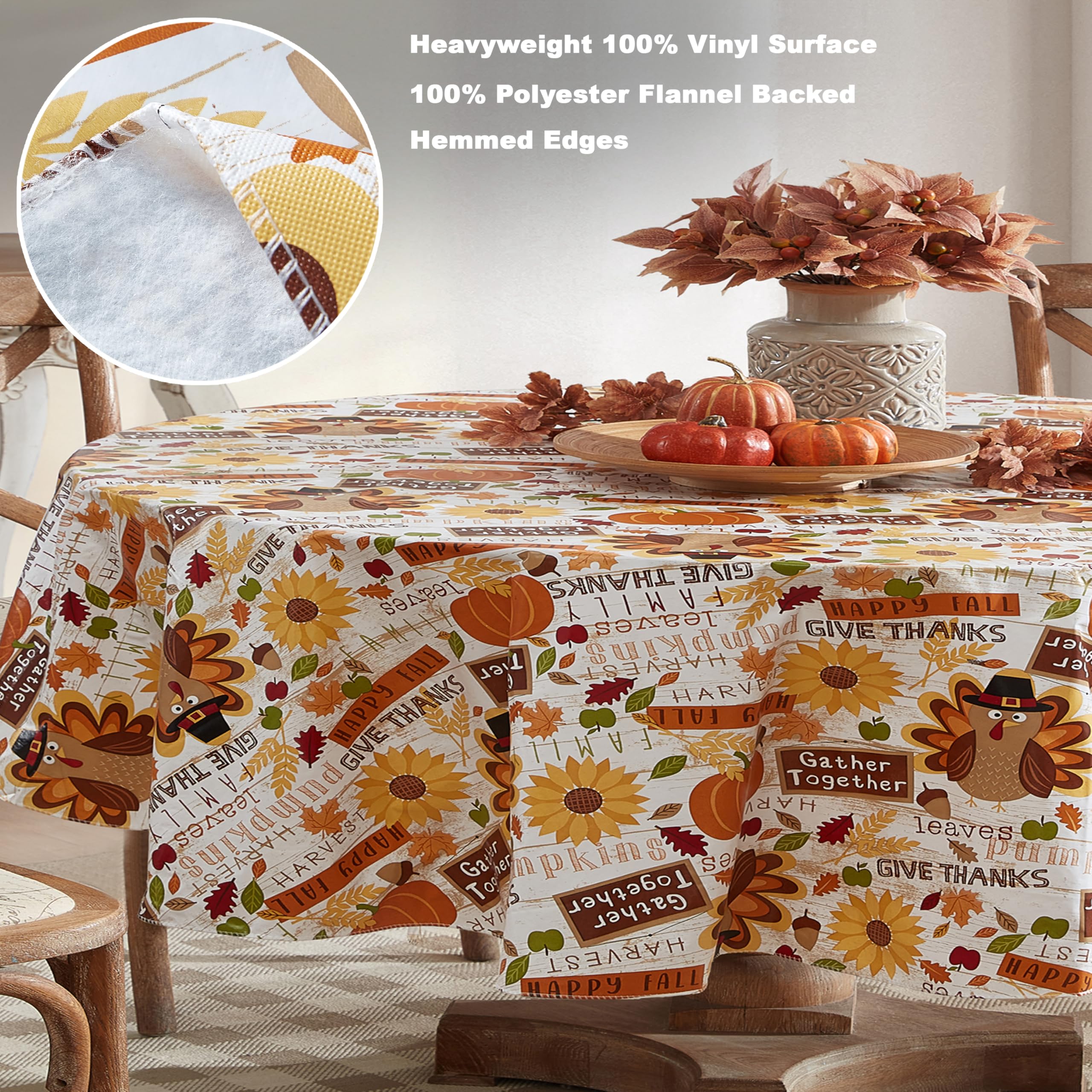 Newbridge Happy Thanksgiving Turkey Vinyl Tablecloth with Flannel Backing, 60 x 84 Inch Oval - Whimsical Fall Harvest Kitchen &