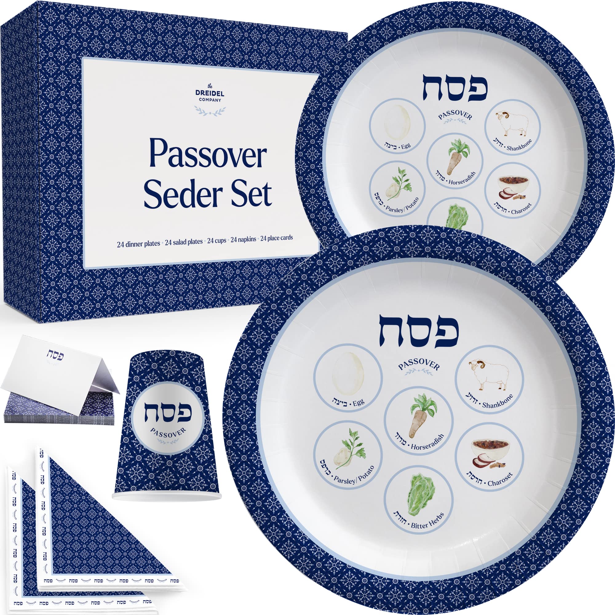 The Dreidel Company 120-Piece. Serves 24. Passover Blue Paper Goods Seder Plate Design Party Set - 9 and 7 Plates, Cups, Napkins