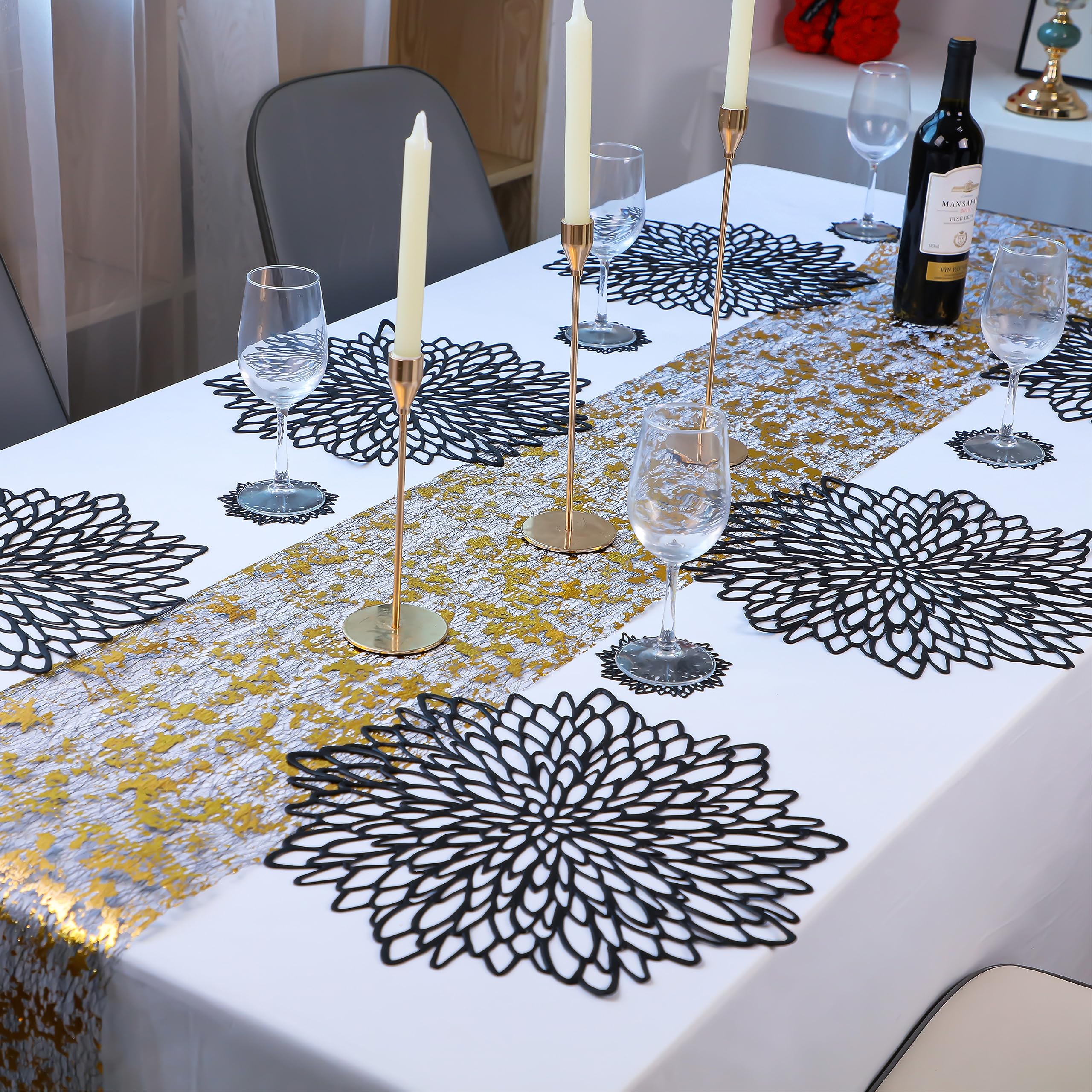 Pairs Of 18 Black Placemats & Coasters 36 Pcs Matching Washable Pressed Vinyl Laser Cut Dining Table Mats Round Floral Charger D
