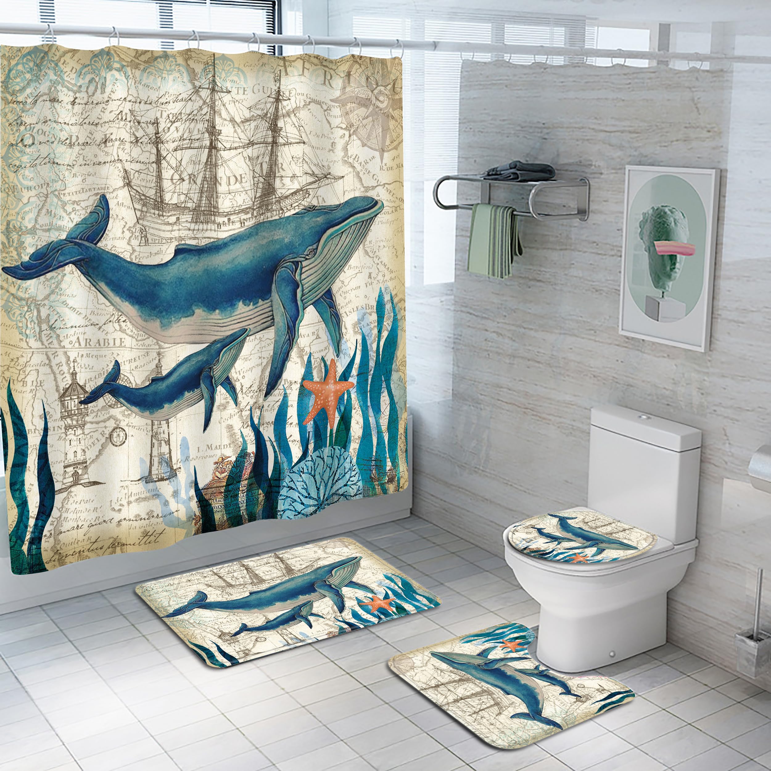 Planially 4Pcs Whale Waterproof Shower Curtain Sets,Ocean Bathroom Sets With Shower Curtain, Toilet Lid Rug, Contour Mat And Bat