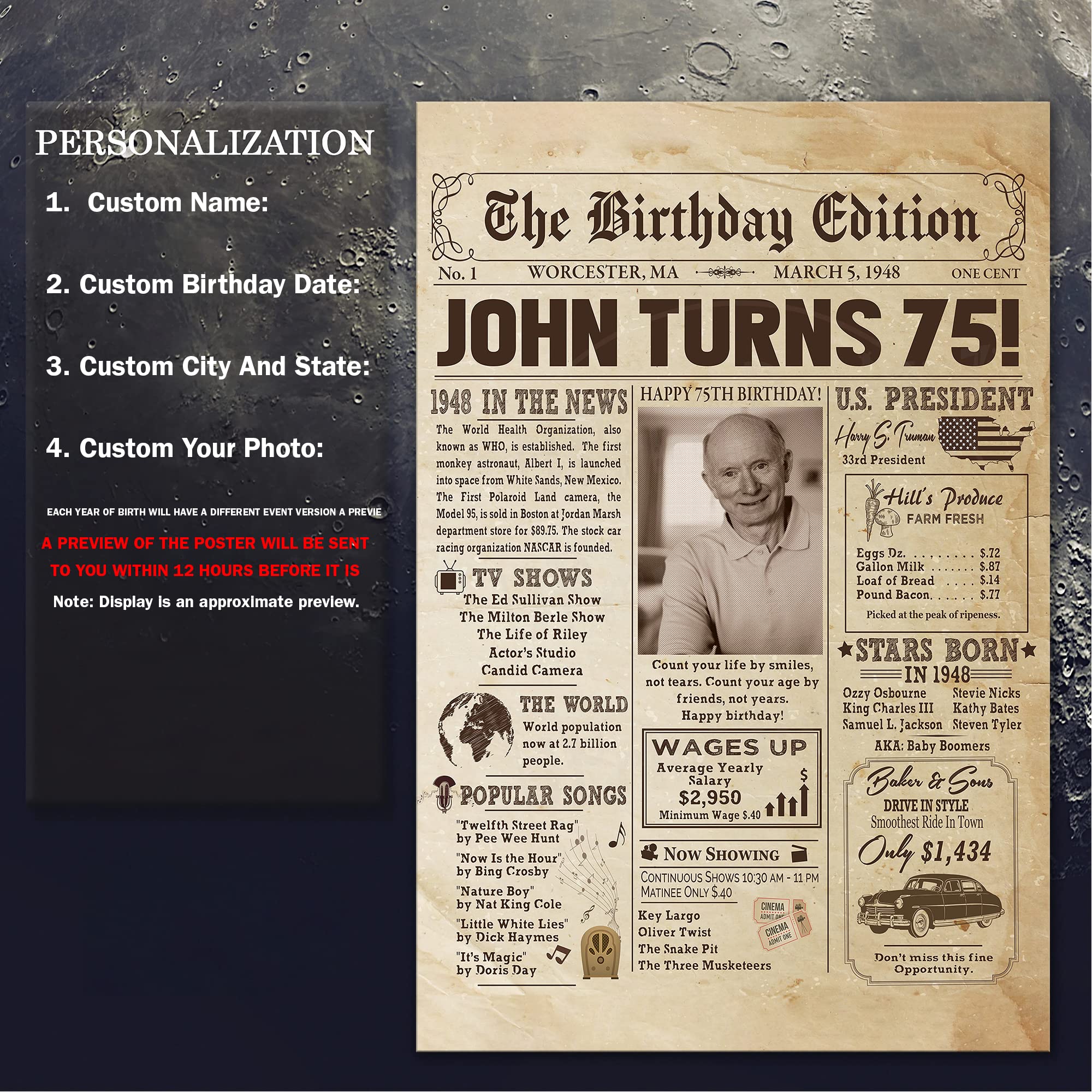 Personalized 75Th Birthday Newspaper Poster No Frame, Canvas Back In 1948 Gifts Idea Birthday, Anniversary, Custom Photo Birthda