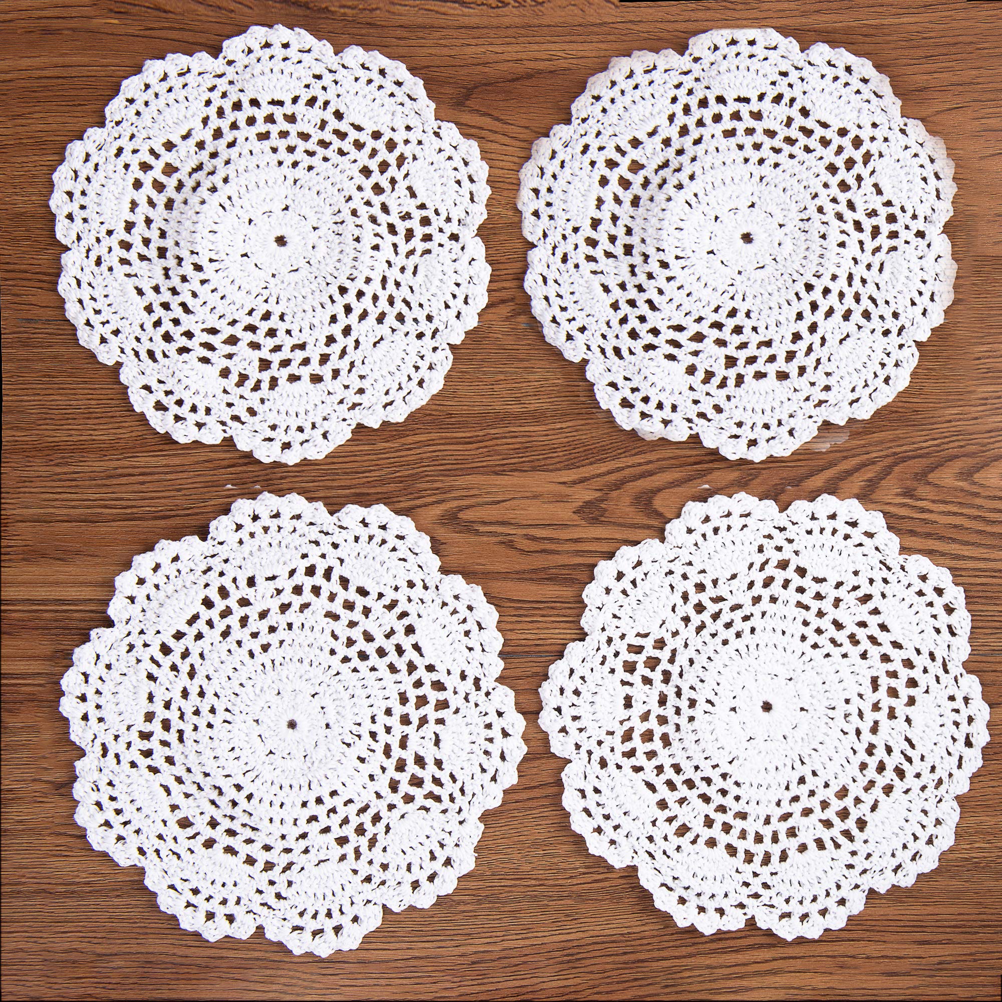 Eiyye Round Coaster 8-Inch Handmade Crochet Small Cotton Doilies Lace Table Hollow Placemats 4-Pieces(White)