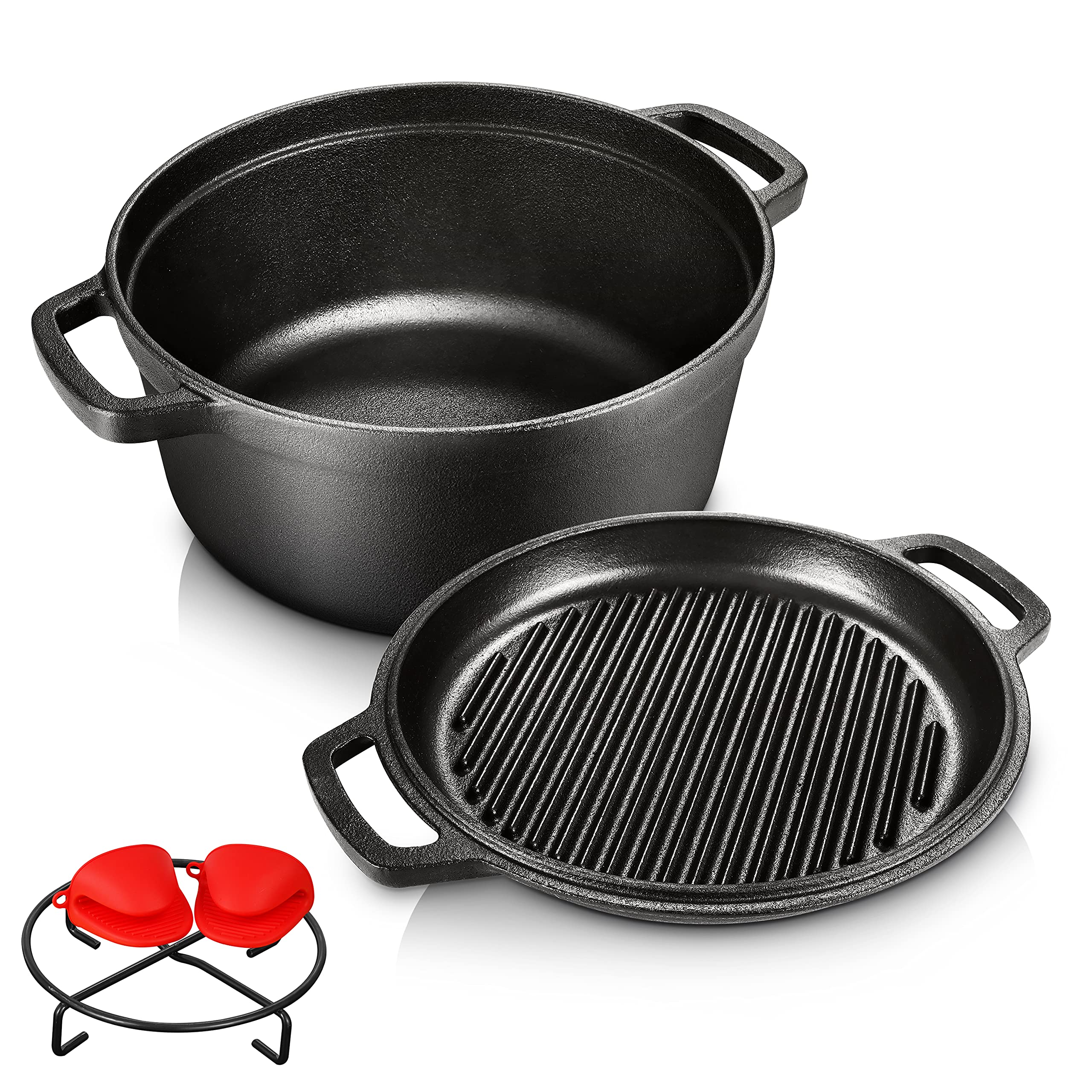 Pre-Seasoned Cast Iron 2-In-1 Heavy-Duty 5.5Qt Dutch Oven With Skillet Lid Set, Oven,Grill, Stove Top, Bbq And Induction Safe