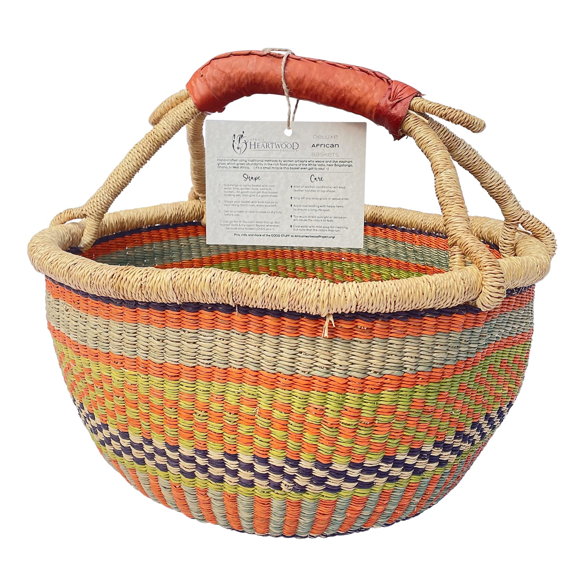 Africa Heartwood Project - Deluxe Colorful African Basket With Leather Handles - Handmade From Dried Elephant Grass, Hand-Woven