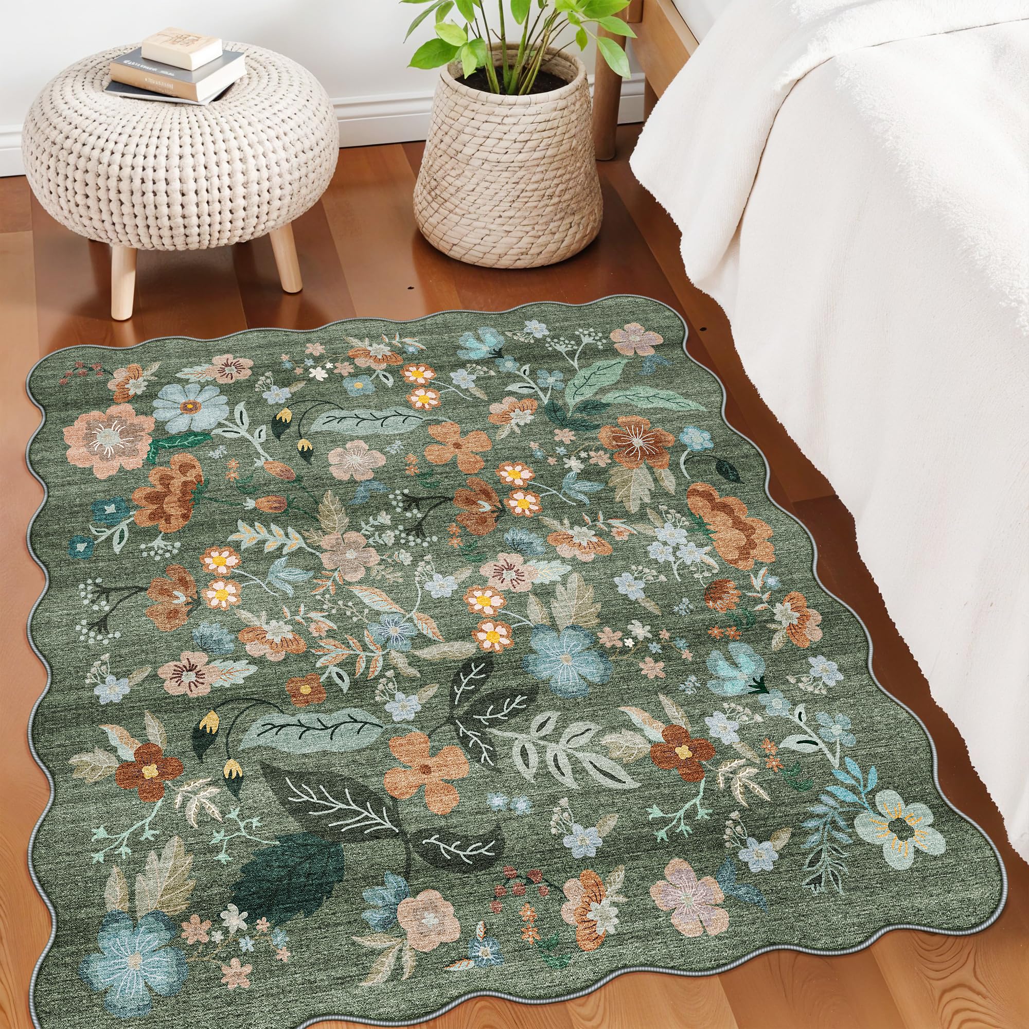 Floral Square Area Rug for Family: Washable 5x5 Scalloped Carpet for Living Room Bedroom Soft Water Resistant Floor Mat with Non