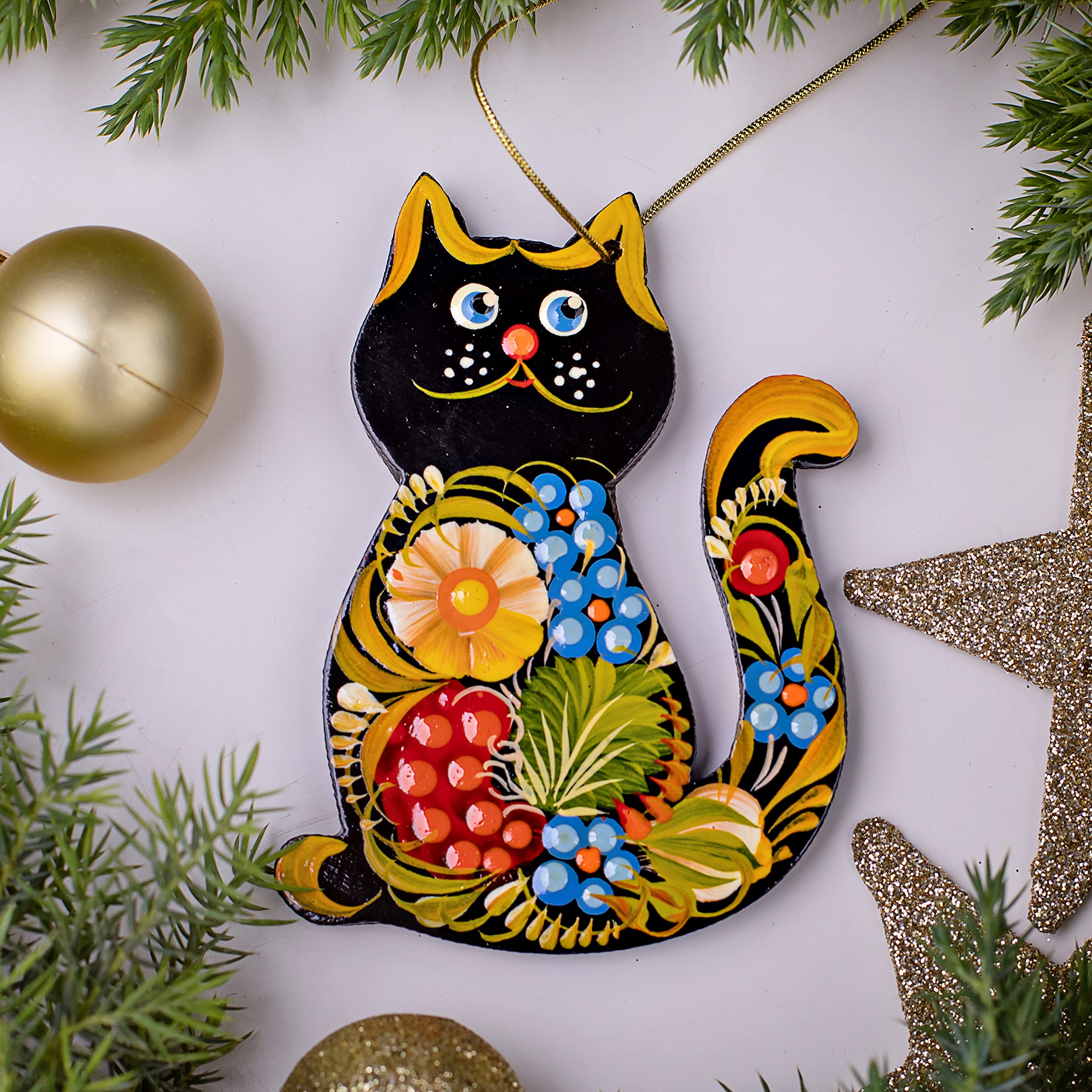 Cat Christmas Ornament Floral Hand painted Wooden 3,3 ? 2,8 ? 0,2 Inch | 7 ? 8,5 ? 0,5 cm Cat Lovers Tree Christmas Decorations