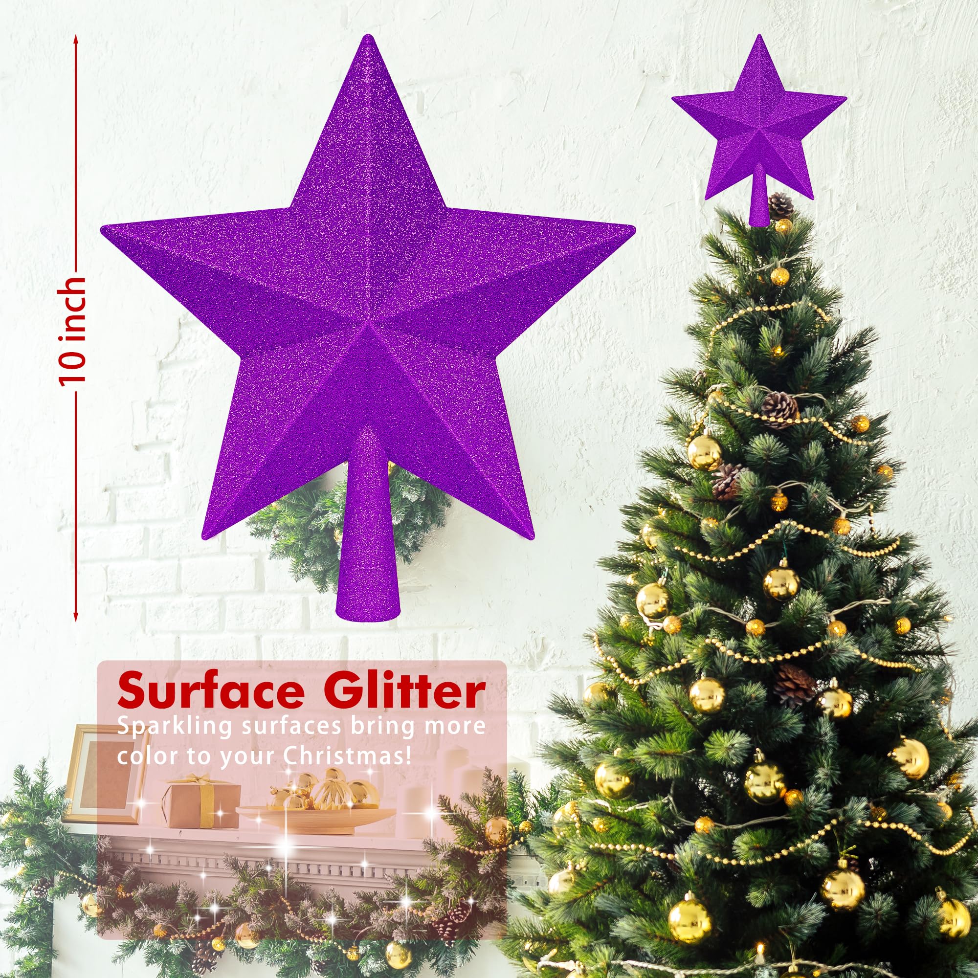 Christmas Tree Ornament, 10 Purple Star Christmas Tree Topper Decorations, Large Xmas Glitter 3D Bethlehem Tree Ornament, Waterp