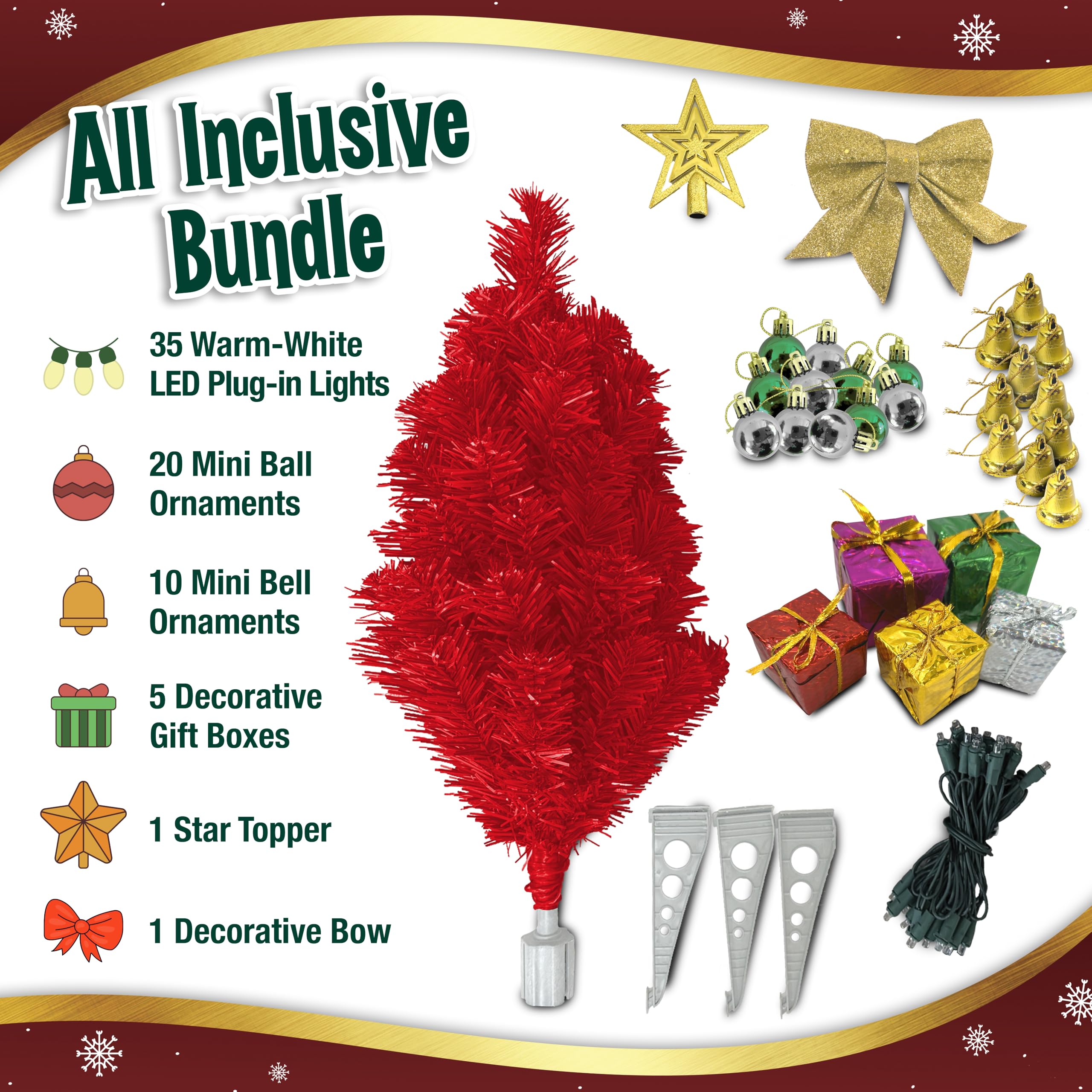 Small Red Christmas Tree with Lights - 23 Inch Mini Tabletop Christmas Tree with Warm-White LED Lights, Hanging Ornaments, Decor