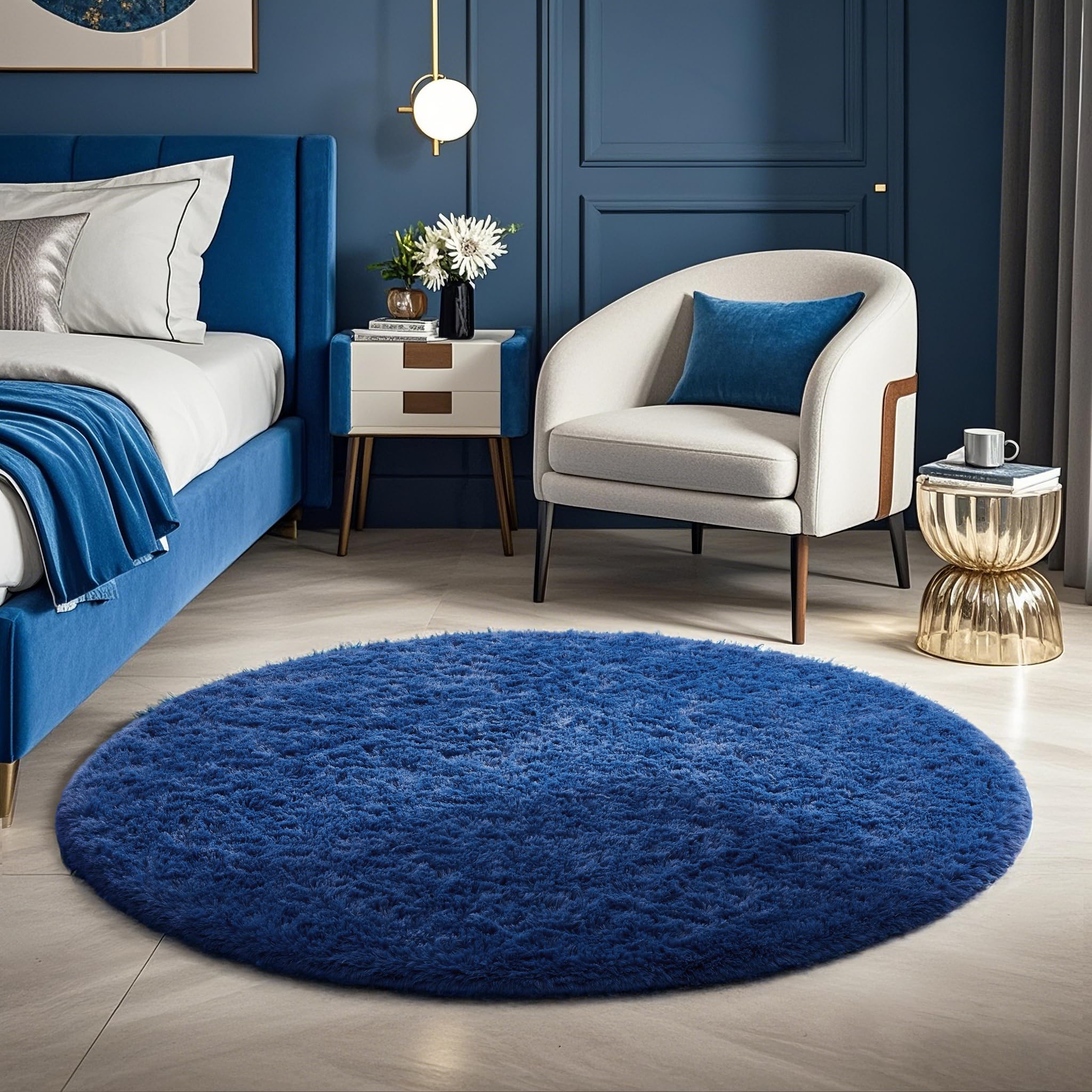 Ophanie Round Rug 4Ft Blue Circle Area Rug, Boys Room Decor, Fluffy Fuzzy Bedroom Carpet, Plush Soft Shaggy Living Room Rugs for