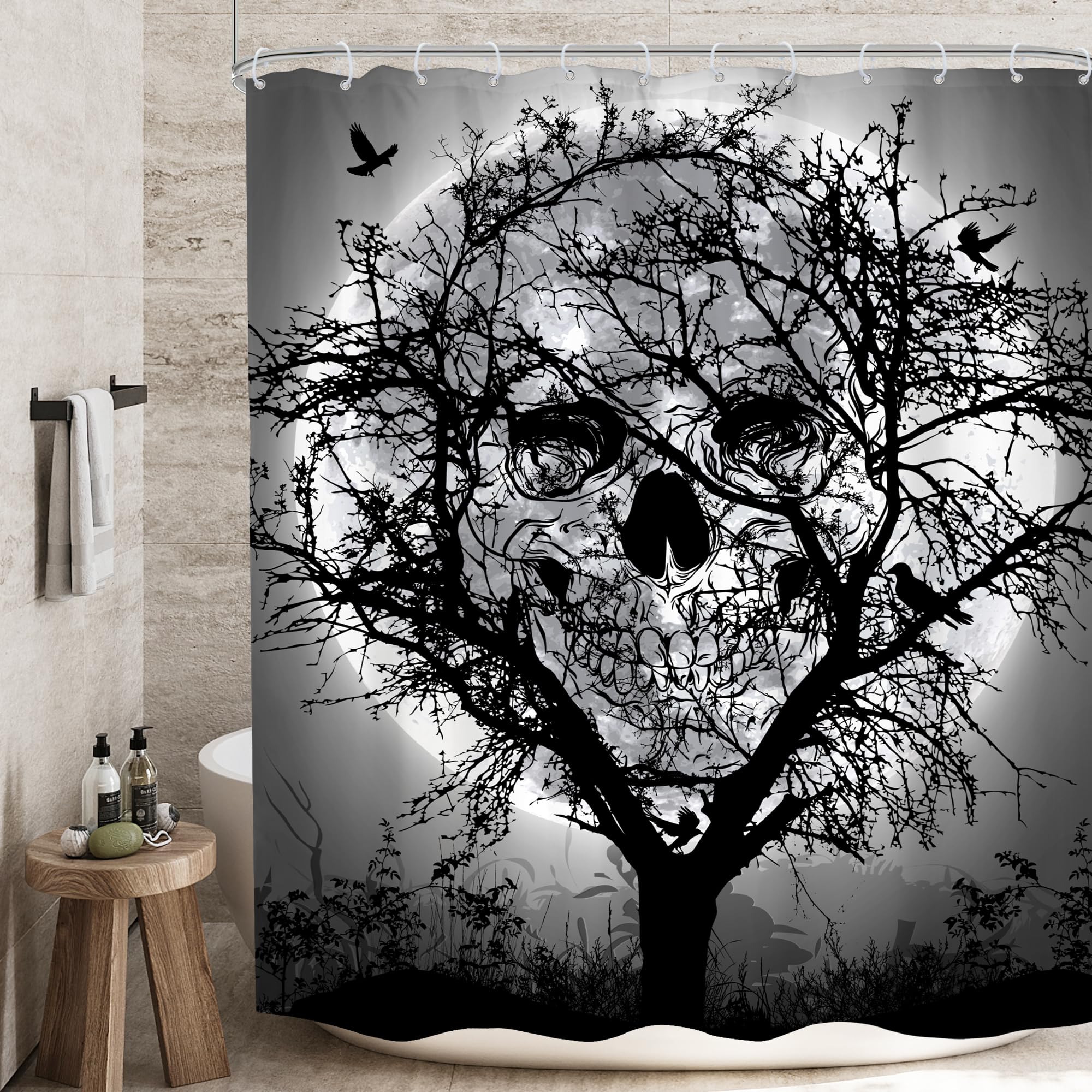 Mitpok Gothic Sugar Skull Shower Curtain 60Wx72H Spooky Skeleton Abstract Bone Cool Witchy Moon Scary Black Trees Bird Woodland