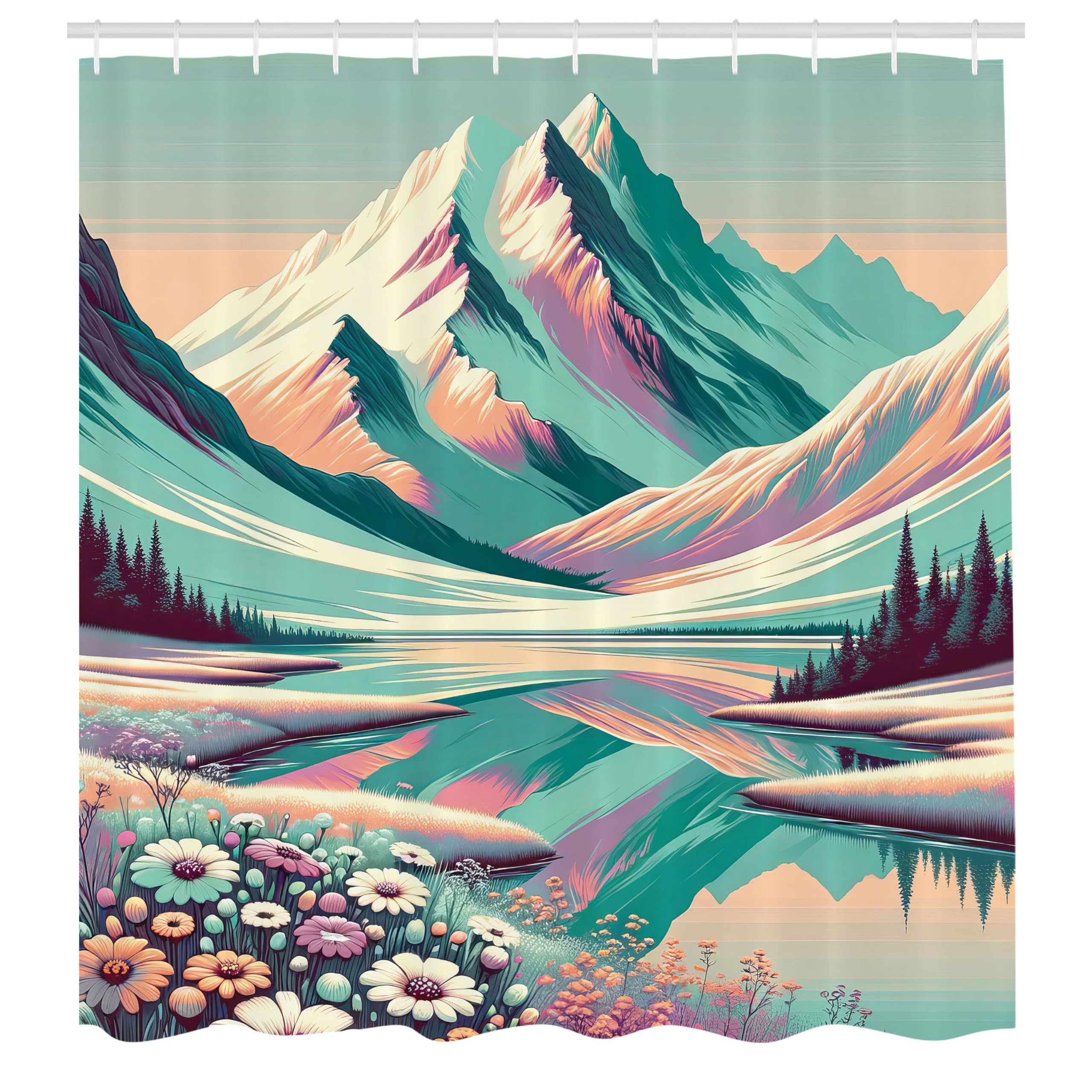 Ambesonne Lake Shower Curtain, Snowy Mountain Scenery And Floral Meadow Drawn With Dreamy Color Palette Print, Cloth Fabric Bath