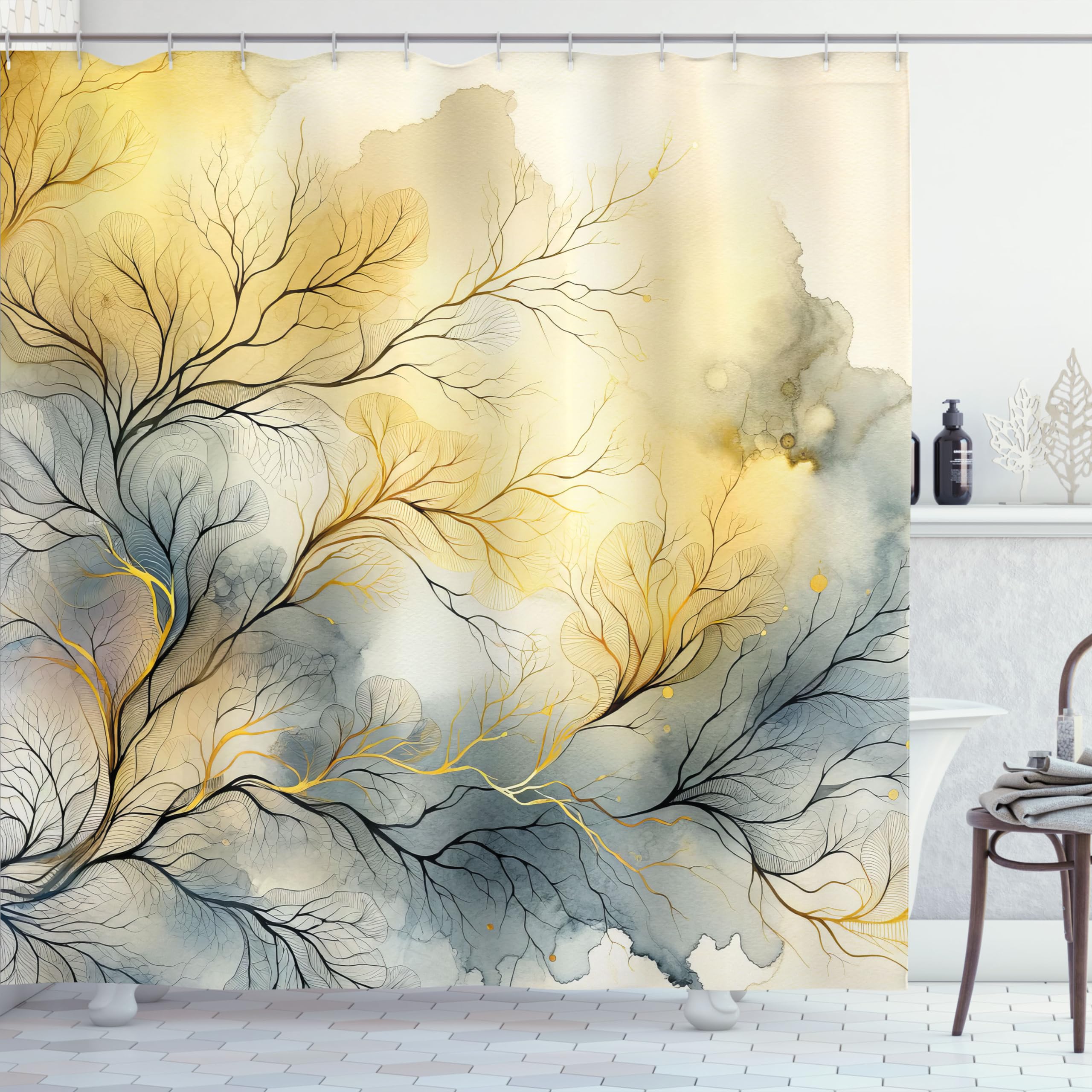 Ambesonne Yellow Shower Curtain, Autumnal Melancholy Leafless Branches On Dreamy Watercolor Look Back, Cloth Fabric Bathroom Dec