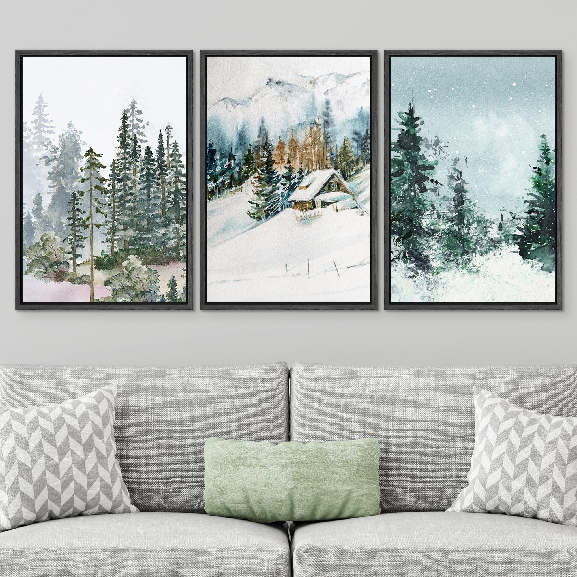 Signwin Framed Canvas Print Wall Art Set Winter Snow Pine Tree Forest Cabin Nature Wilderness Illustrations Modern Art Rustic Ca