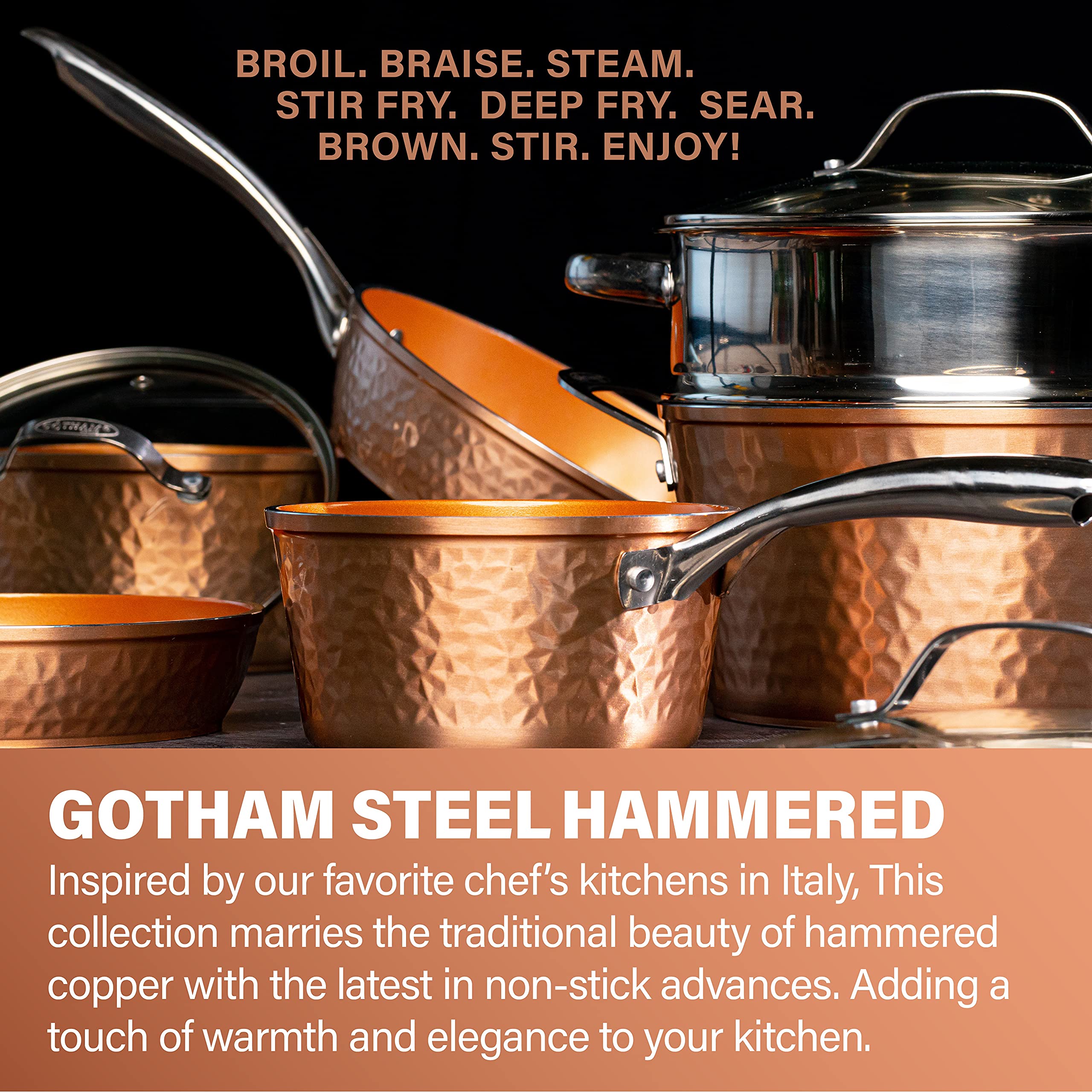 Gotham Steel Hammered Copper 12 Inch Nonstick Skillet, Aluminum, Induction Compatible, Easy Release, Even Heat Distribution