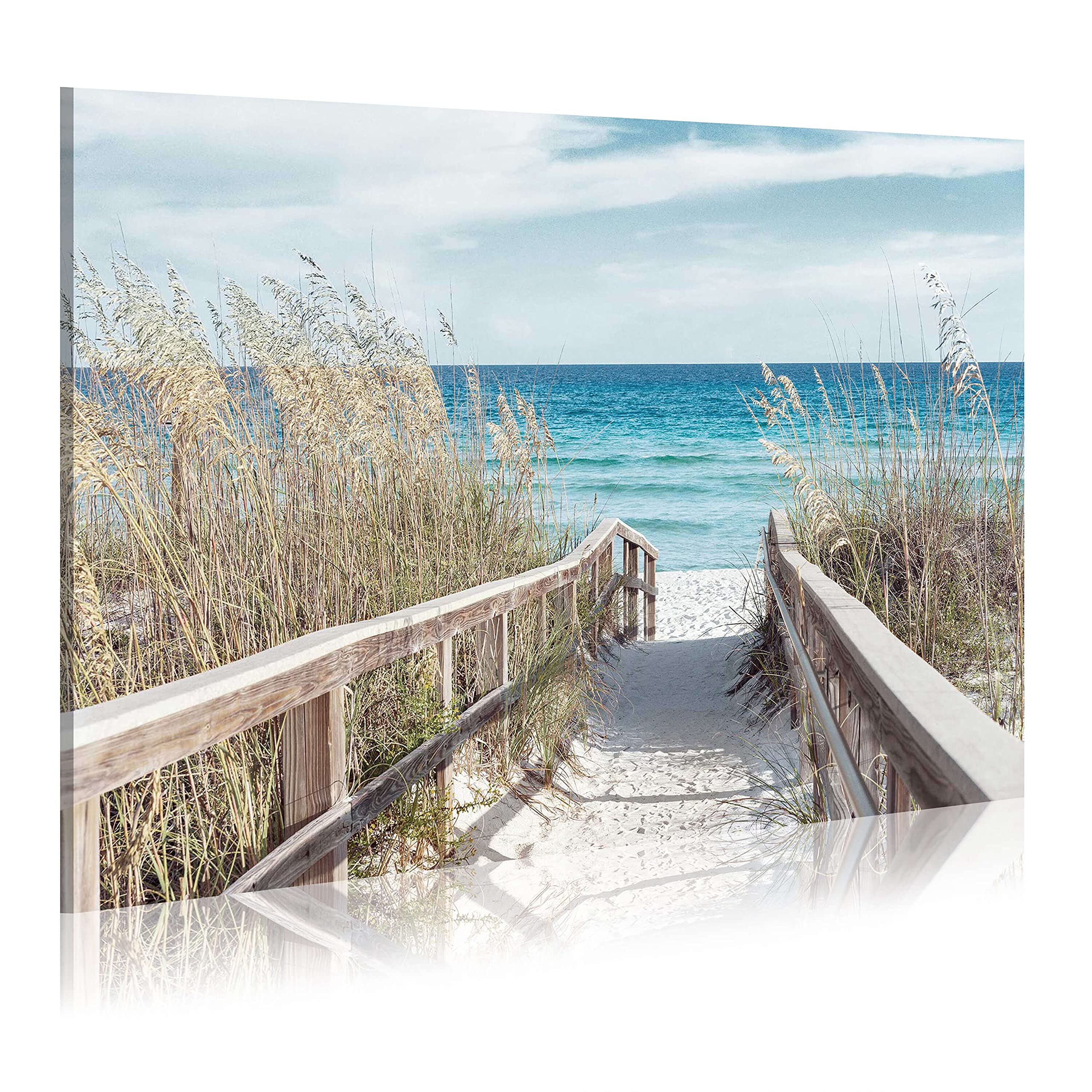 Wallsup Decor Beach Pathway Canvas Wall Art - Ocean Theme Artwork Boardwalk Picture With Wood Toned Fence And Weeds Painting For