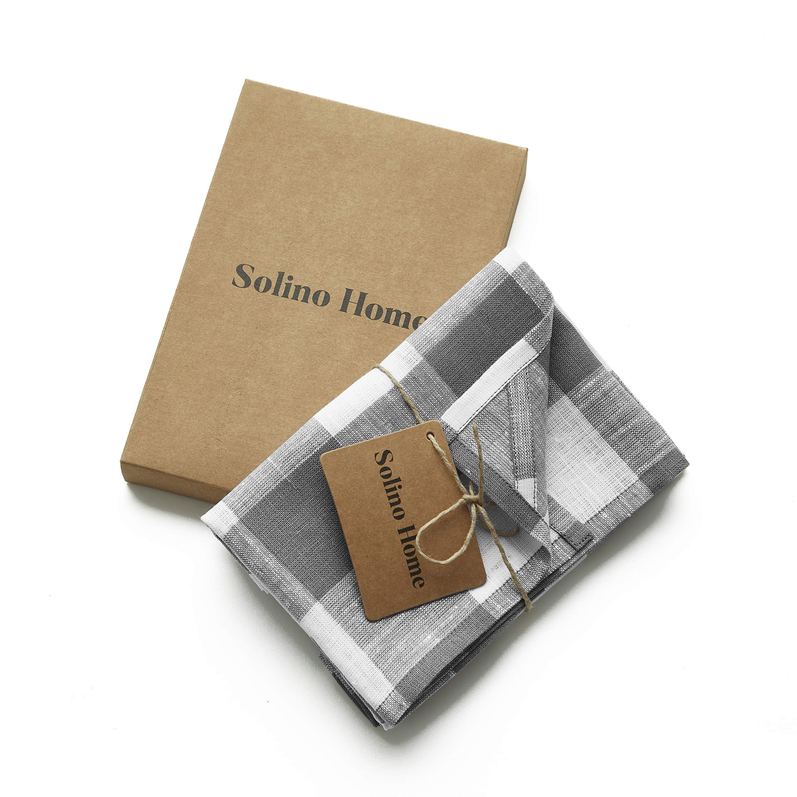 Solino Home Linen Kitchen Towels Set Of 2 - Grey And White 17 X 26 Inch - 100% Pure Linen Buffalo Check Kitchen/Tea Towels - Mac