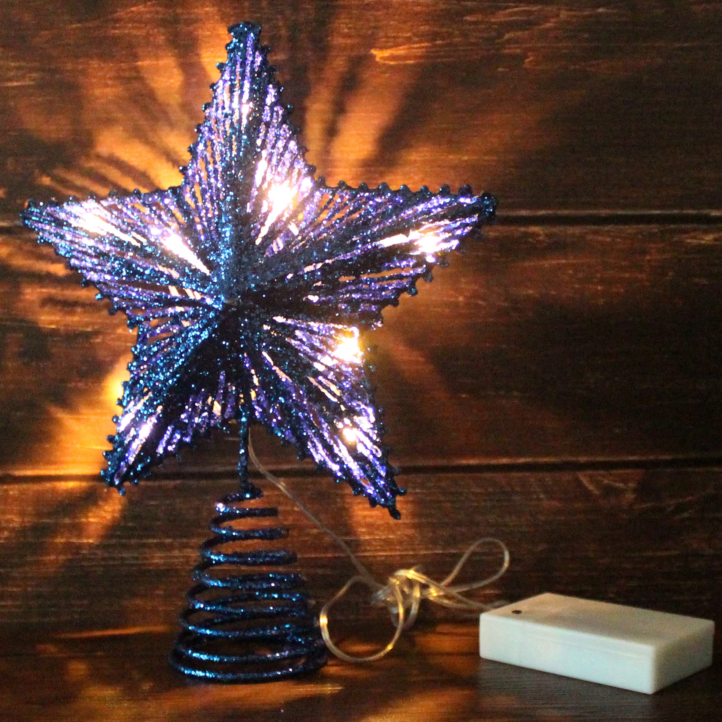 CVHOMEDECO. Blue Glittered 3D Tree Top Star with Warm White LED Lights and Timer for Christmas Ornaments and Holiday Seasonal D