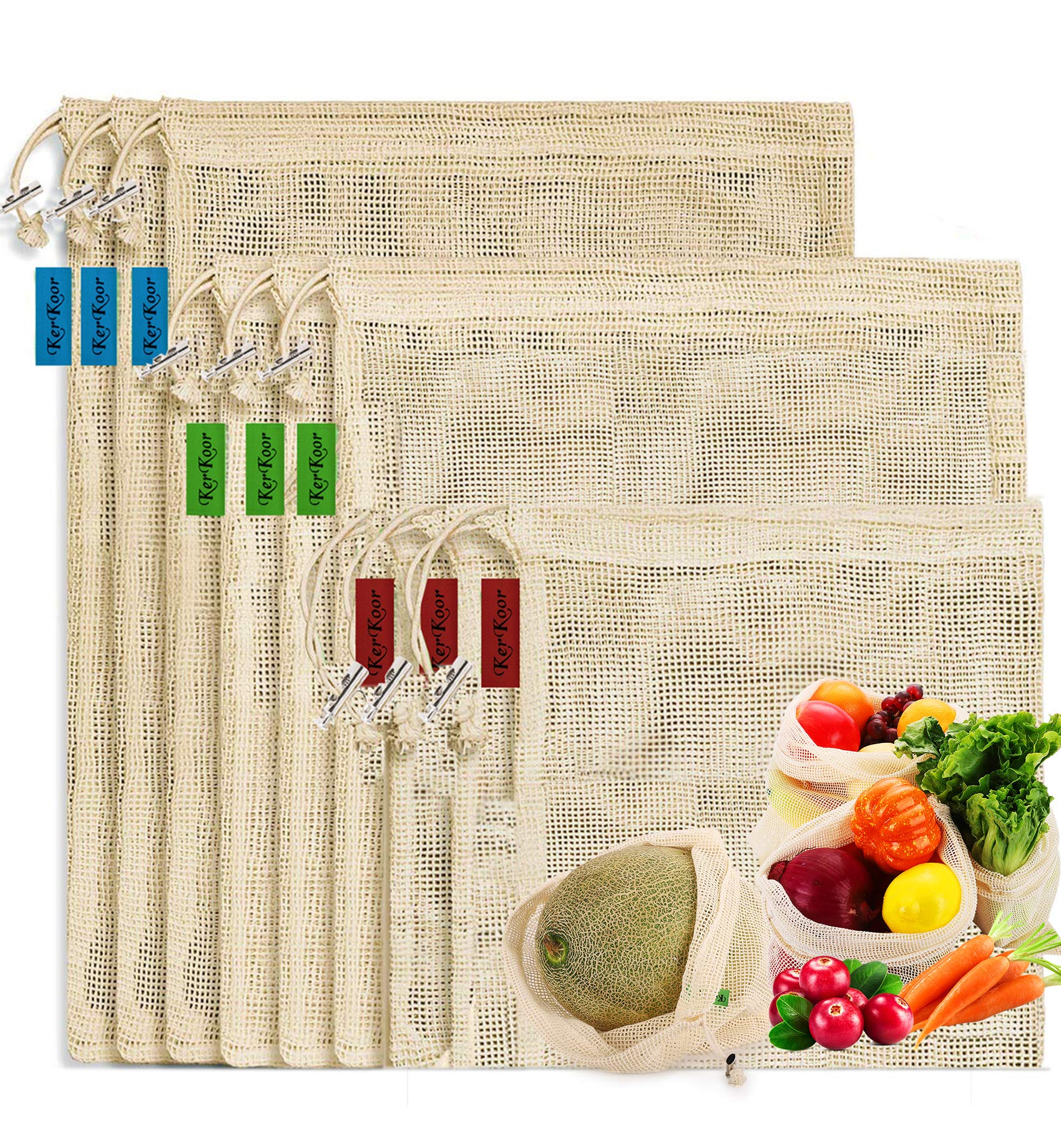 Kerkoor Reusable-Cotton-Mesh-Produce-Shopping-Bags-Washable Eco Friendly Premium See Through Lightweight Net Zero Bulk Bags For