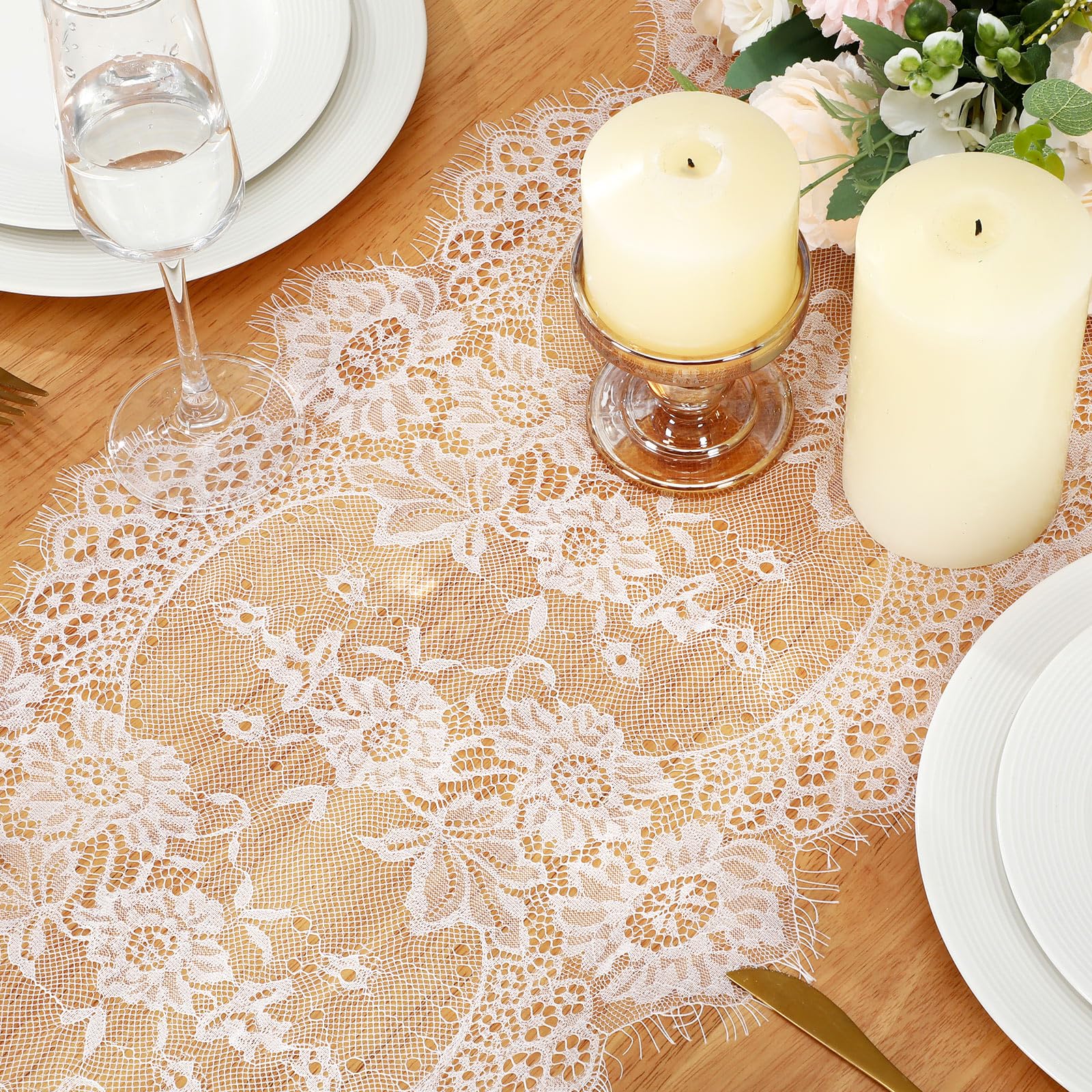 Coume 8 Pack Lace Table Runner 14 x 120 Inch White Rustic Lace Fabric Table Runners with Rose Embroidered Floral for Wedding Bri