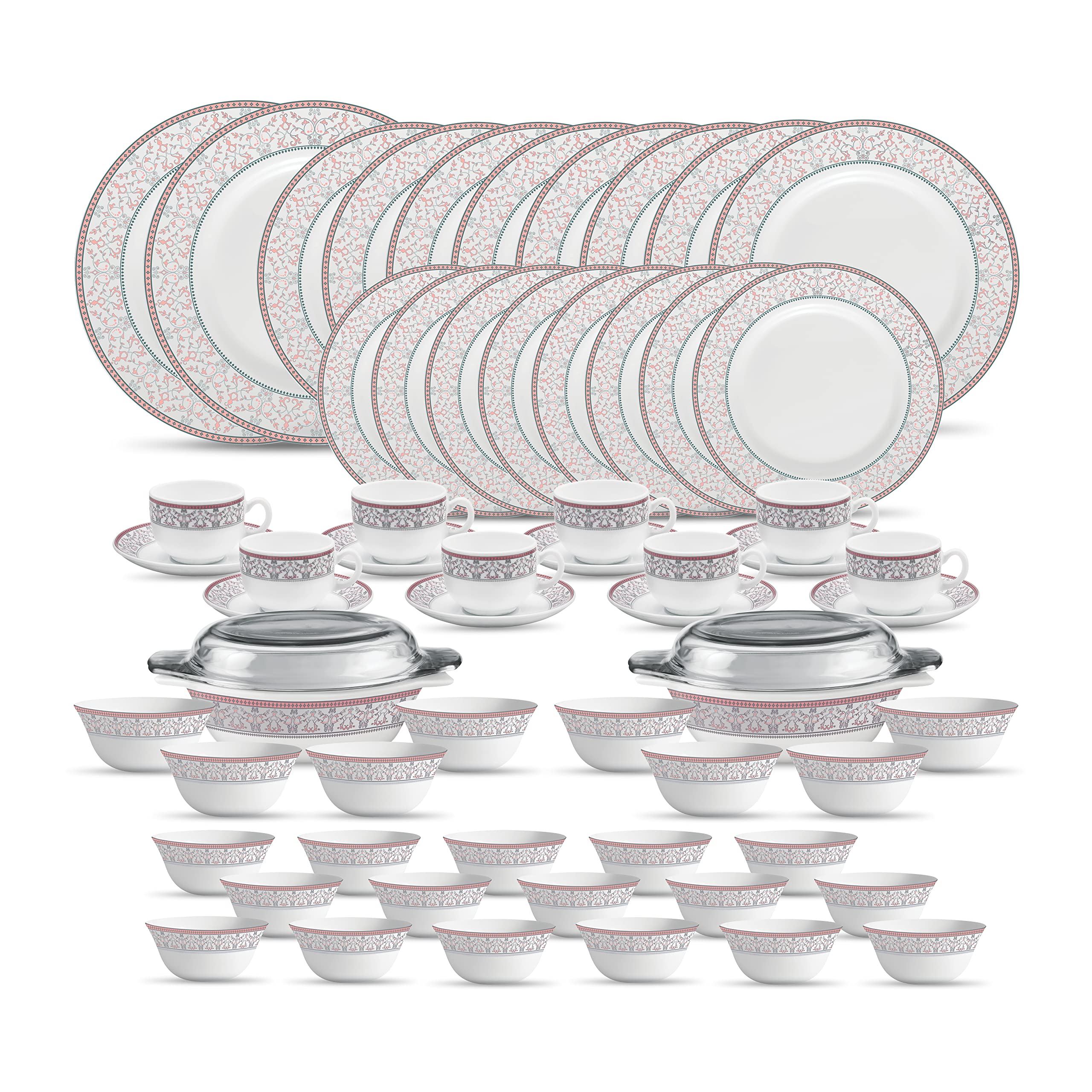 La Opala, Sovrana Collection, Opal Glass Floral Dinner Set 62 Pcs, Moroccan Pink, White