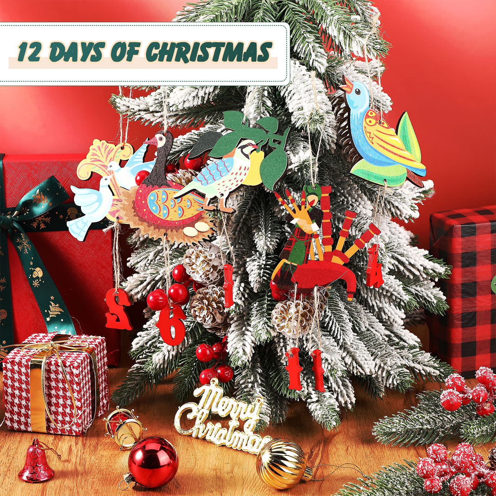 Yalikop 12 Days of Christmas Ornaments Set - 12 Colorful Wooden Hanging Decorations, 3.15 Inch, Irregular Style for Xmas Tree