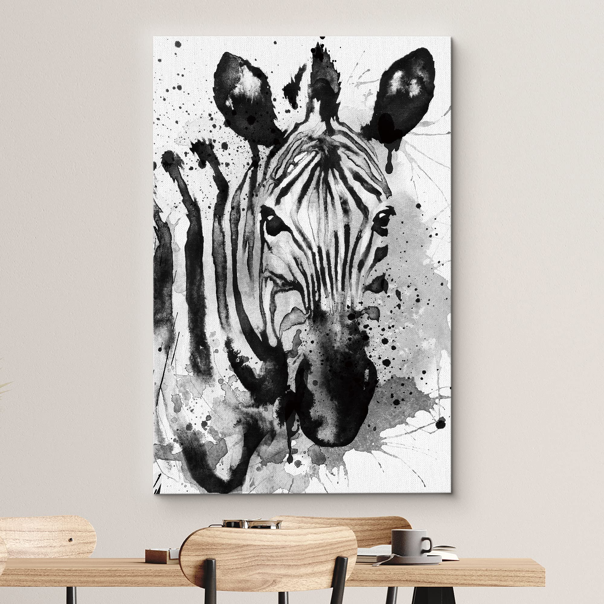 Wall26 Canvas Print Wall Art Watercolor Zebra & Paint Splatter Animals Wildlife Illustrations Modern Art Rustic Portrait Relax/C
