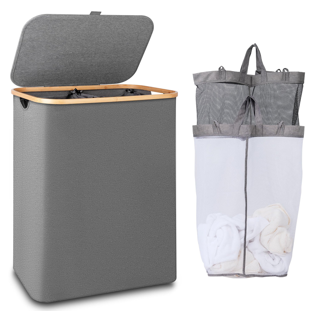 Iegrow 150L Laundry Hamper With Lid-Large Laundry Basket With Bamboo Handles, Grey Hampers For Laundry, Dirty Clothes Hamper Wit