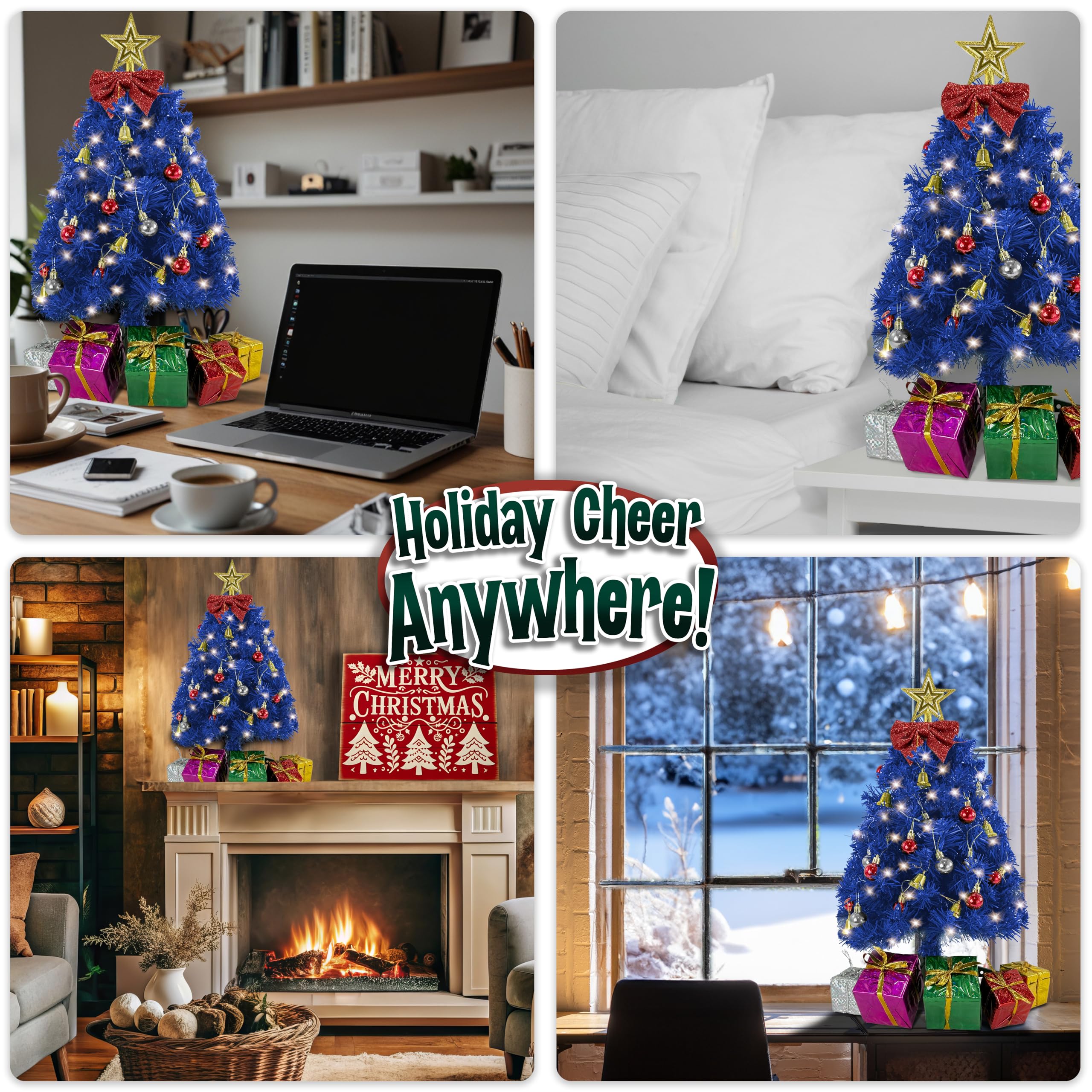 Small Blue Christmas Tree with Lights - 23 Inch Mini Tabletop Christmas Tree with Warm-White LED Lights, Hanging Ornaments, Deco