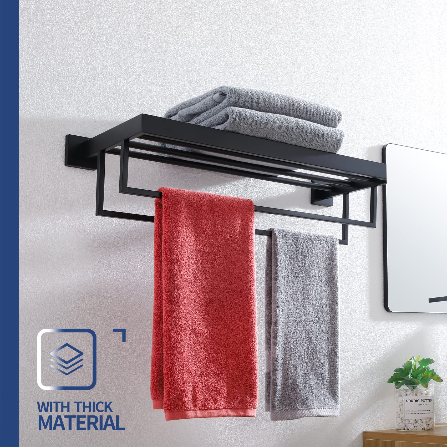 KOKOSIRI Matte Black Towel Rack 24'' Bathroom Towel Shelf with Double Towel Bars SUS304 Stainless Steel Wall Mounted  B6003BK