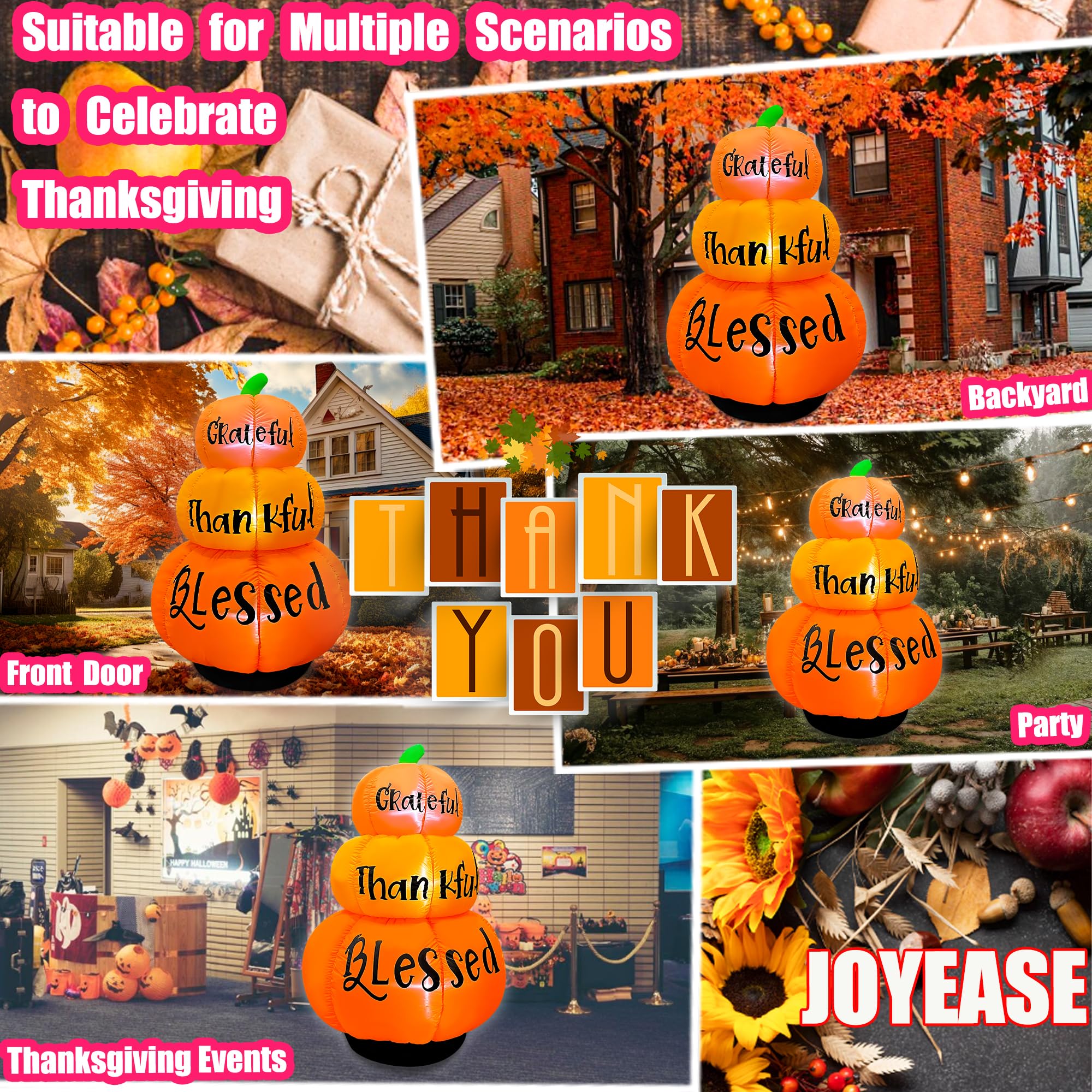 JOYEASE Thanksgiving Inflatables,6FT Stacked Pumpkins Decoration Built-in LEDs Fall Blow up Grateful Thankful Blessed Thanksgivi
