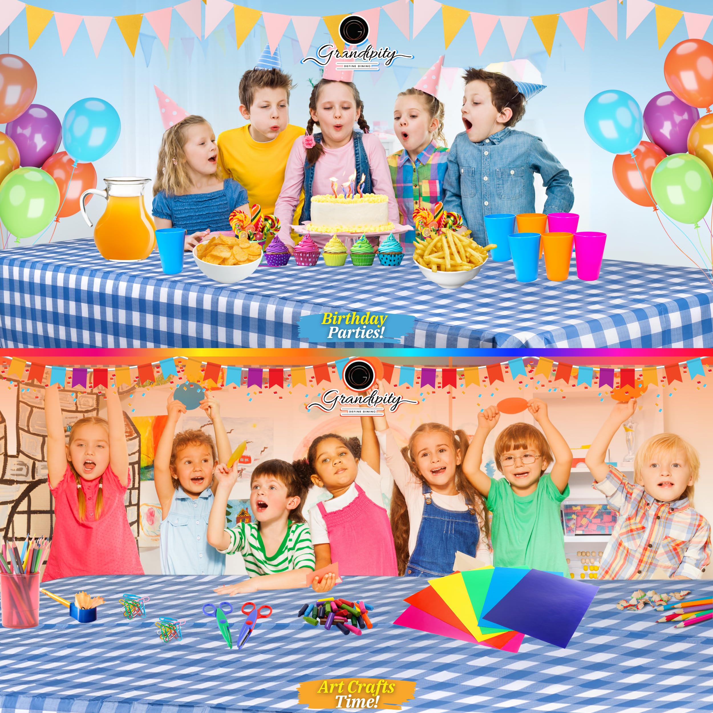 Grandipity Blue Gingham Checkered Plastic Table Cloth Disposable (6 Pk) 54In X 108In Plastic Tablecloths For Rectangle Tables -