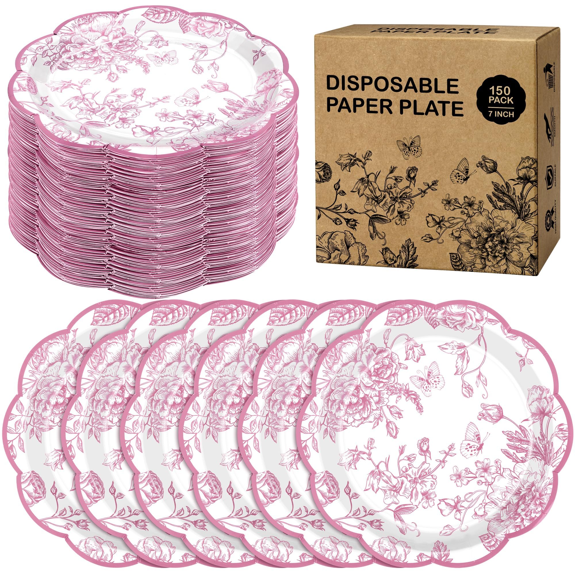 Kochorie 150 Pieces Pink Flower Paper Plates 7 Inches Disposable Floral Paper Plates Scalloped Pink Chinoiserie Vintage Flower D