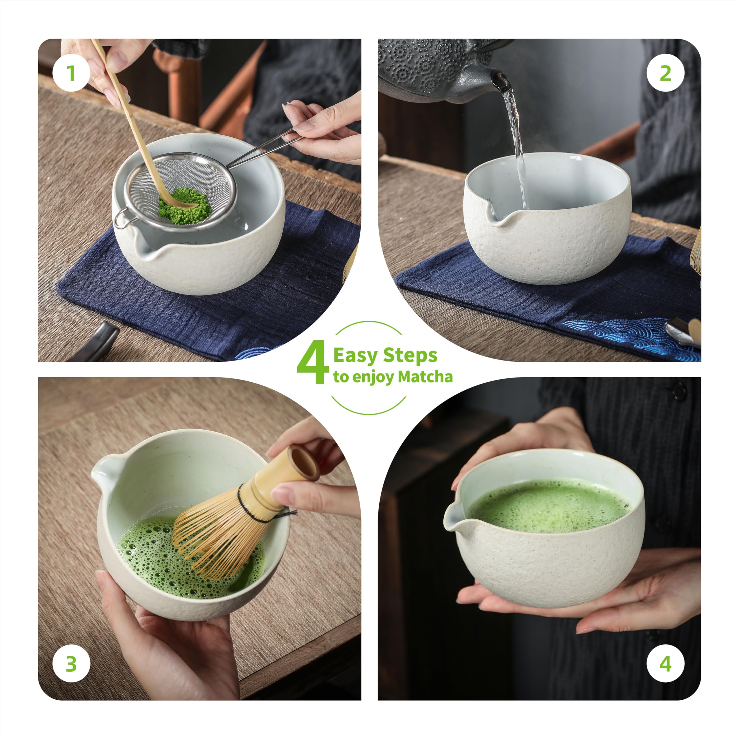Japanese Tea Set (7Pcs) Matcha Whisk Set Matcha Bowl With Pouring Spout Bamboo Matcha Whisk (Chasen) Scoop (Chashaku) Matcha Whi