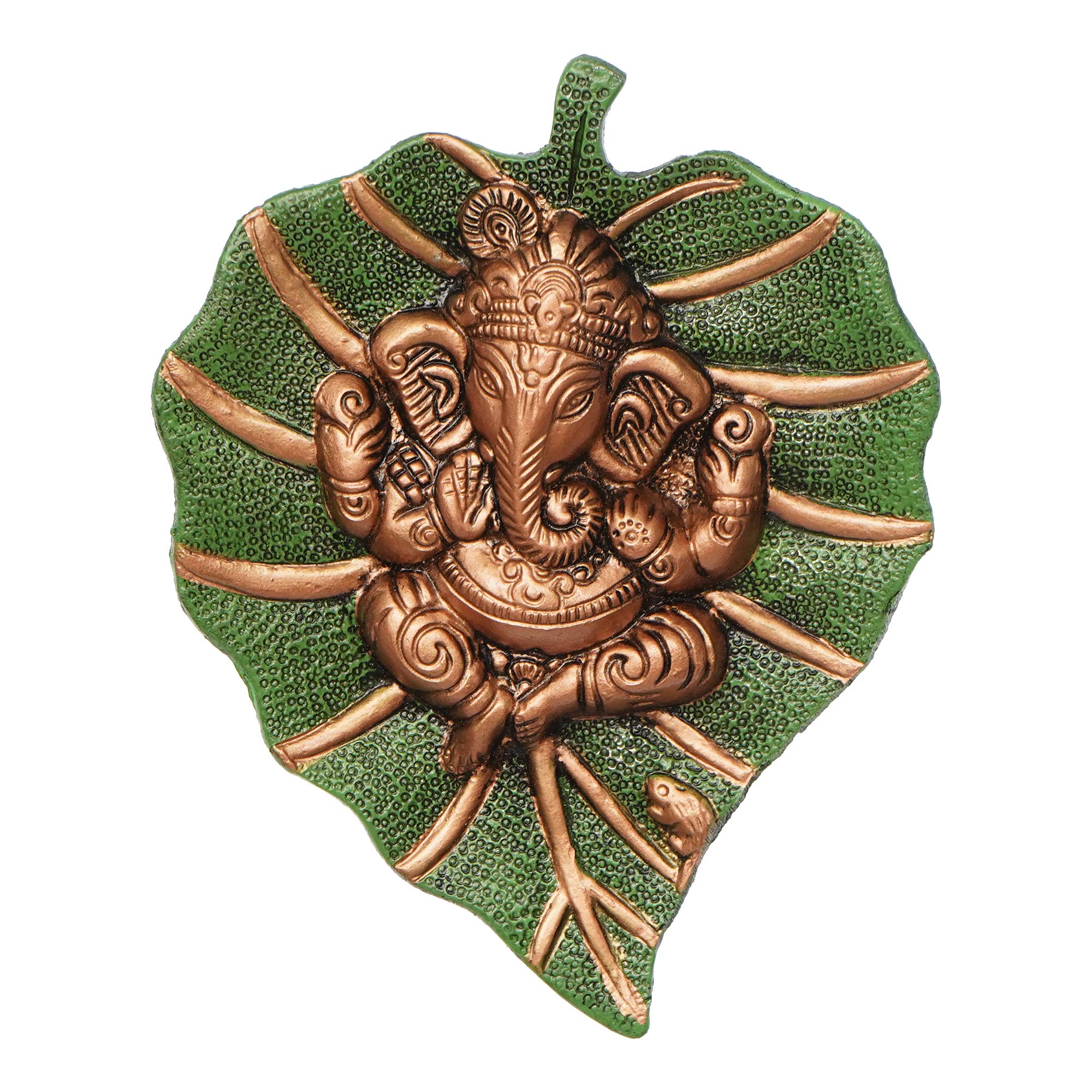 Ecraftindia Metal Brown Lord Ganesha Idol On Green Leaf Ganesha Wall Hanging Decorative Showpiece For Wall Decor- Diwali Decorat