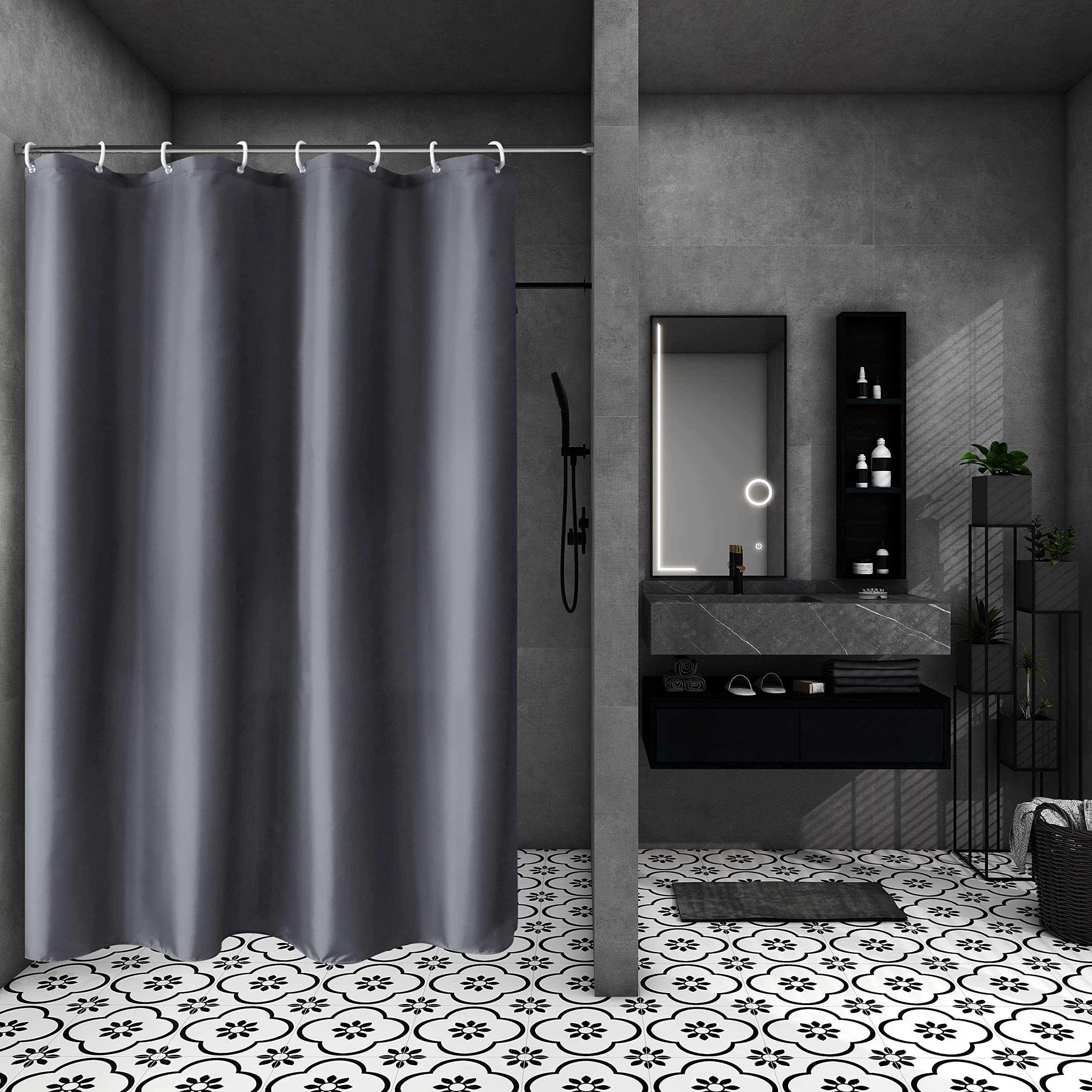Aoohome Stall Shower Curtain 36 Width X 72 Height Inch, Solid Fabric Bathroom Curtain For Hotel With Hooks, Waterproof, Dark Gre