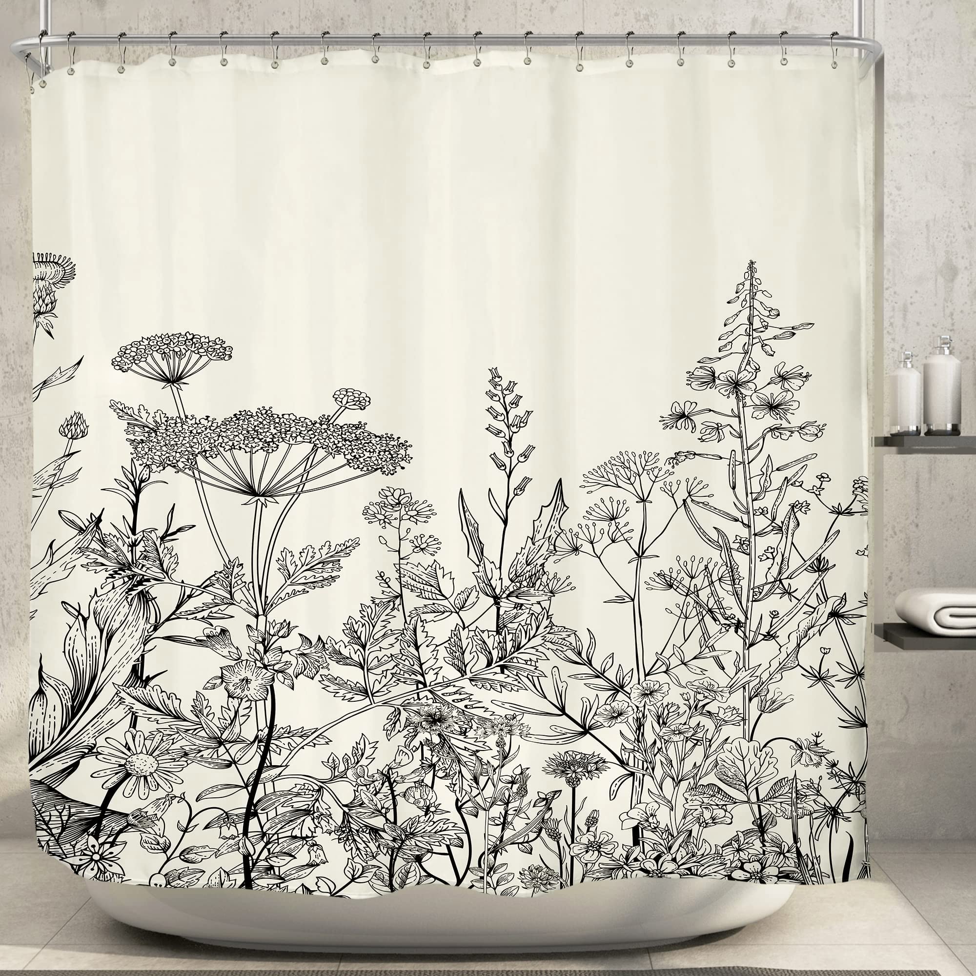 Riyidecor Clawfoot Tub Extra Wide Shower Curtain 180Wx70H Inch Flower Wrap All Around Circular Round Floral Wildflower Botanical Plants Herbs Decor Bathroom Polyester Waterproof Metal Hooks 32 Pack