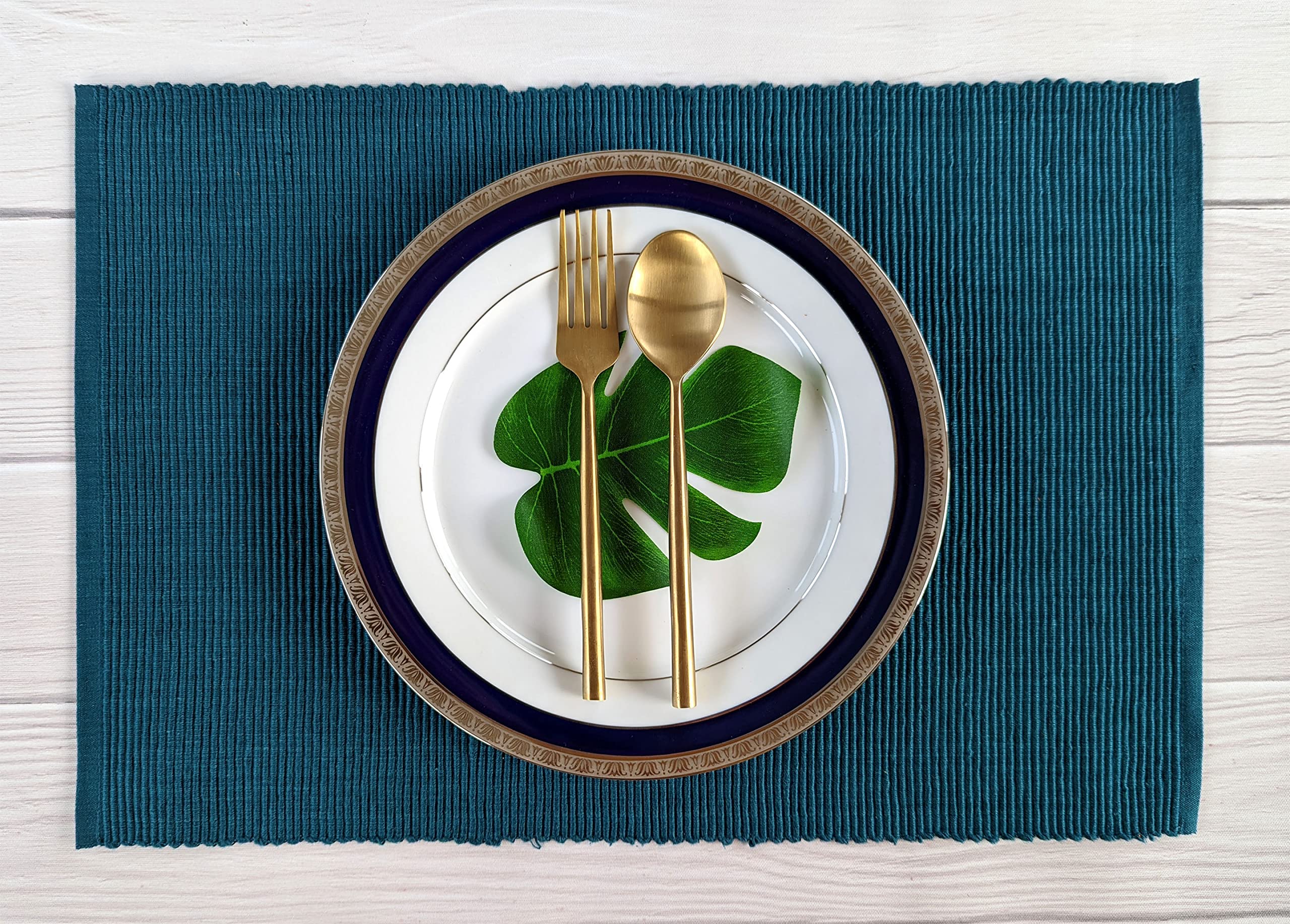 Avka Studio 100% Cotton Ribbed Placemats - Set Of 4-13 X 19 Inches - Dark Teal - Everyday Cloth Table Mats - Thick Construction,