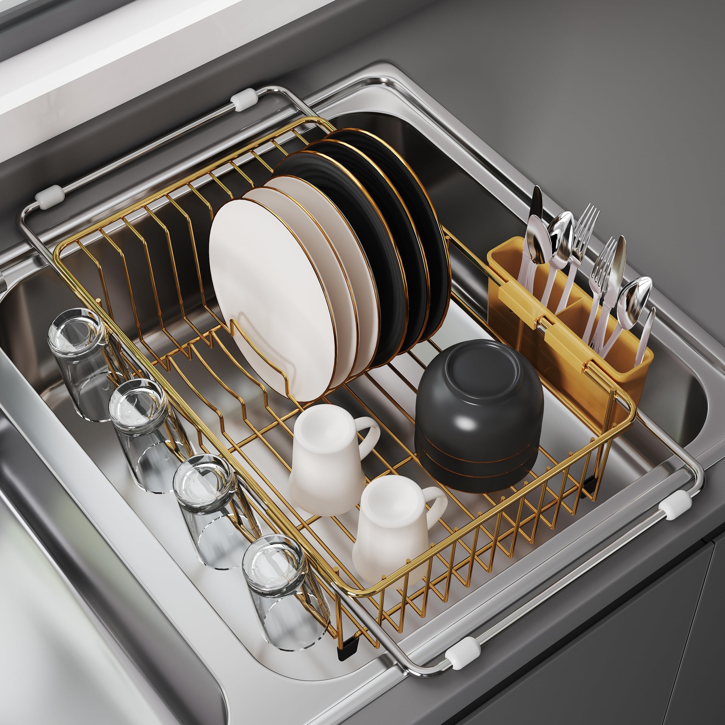 JASIWAY Sink Dish Drying Rack, Expandable Stainless Steel Dish Rack Over Sink, Kitchen Sink Drain Strainer with Cutlery Holder &