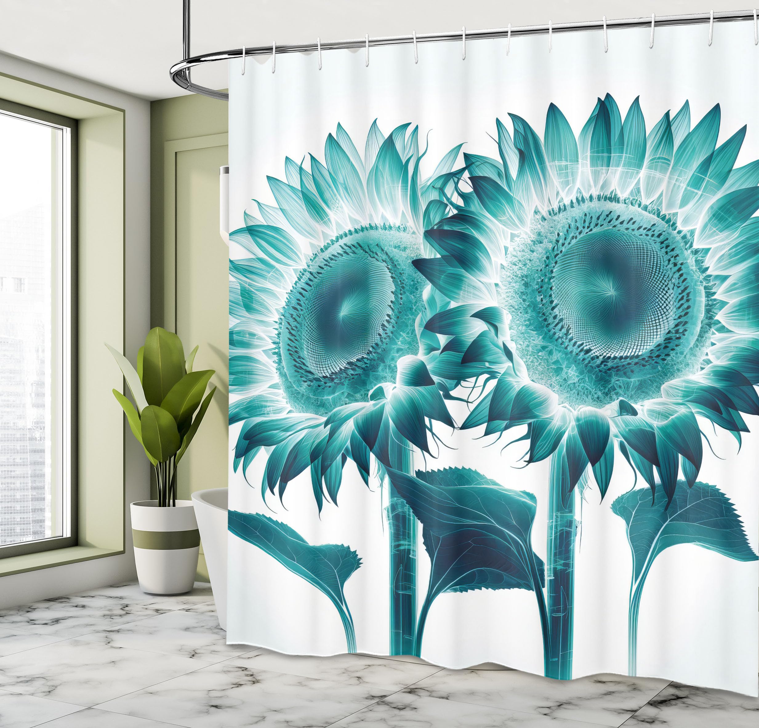 Ambesonne Teal Shower Curtain, Futurist Sunflowers Illustration With Dreamy Cyberworld Colors Fantasy, Cloth Fabric Bathroom Dec