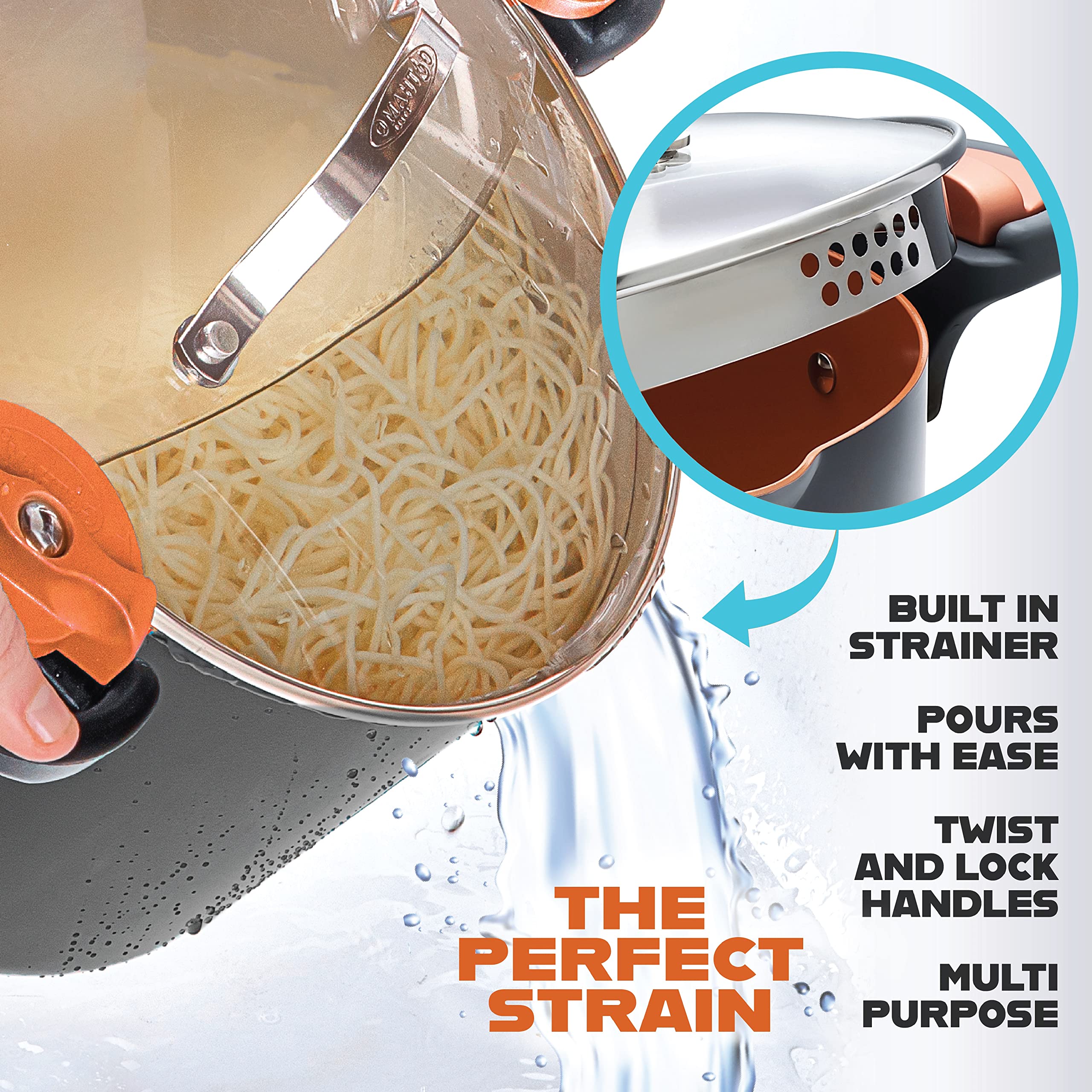 Gotham Steel 5 Quart Stock Pot Multipurpose Pasta Pot With Strainer Lid & Twist And Lock Handles, Nonstick Ceramic Surface Makes