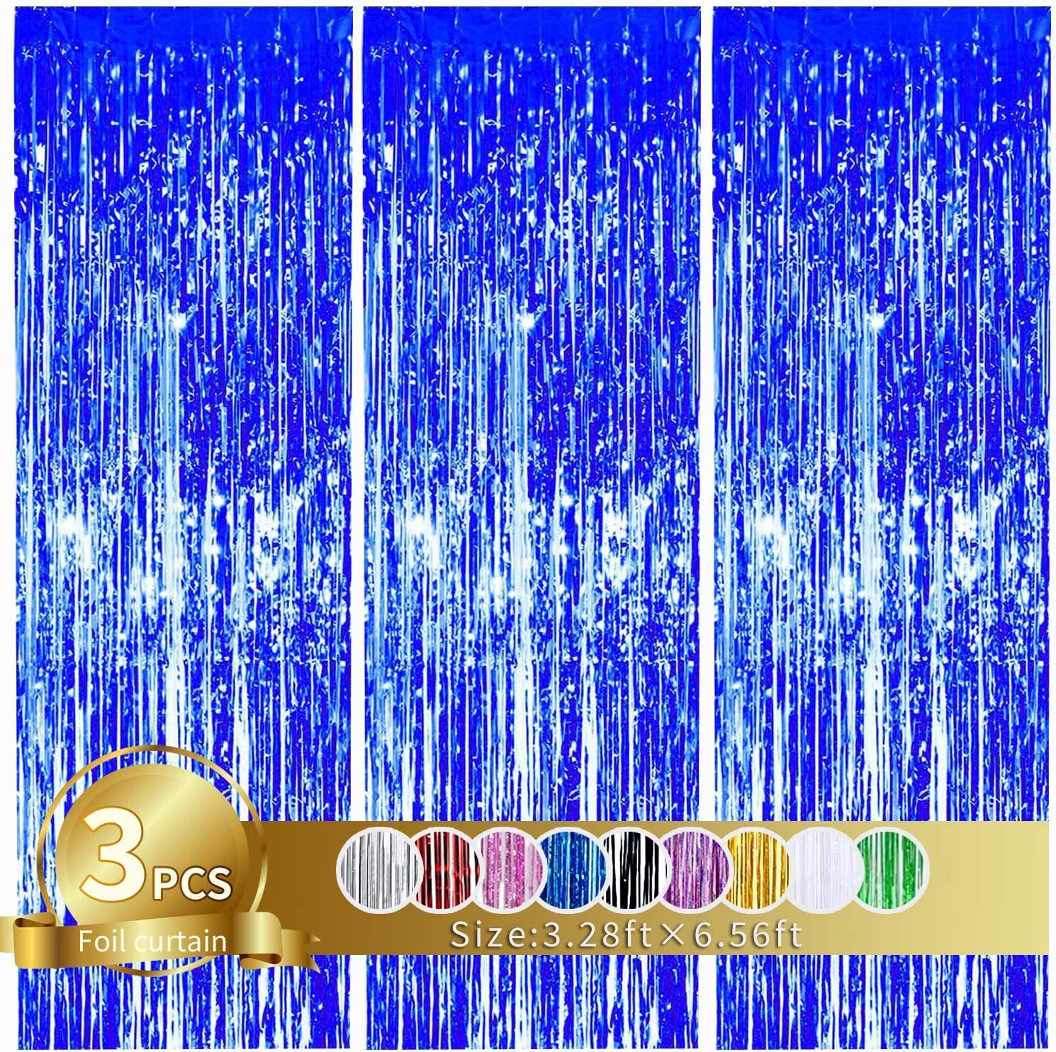 3 Pcs Blue Tinsel Foil Fringe Curtains,3.28ft x 6.56ft Gold Photo Booth Backdrop Streamer Curtain,Photo Booth Props,Ideal Bachel