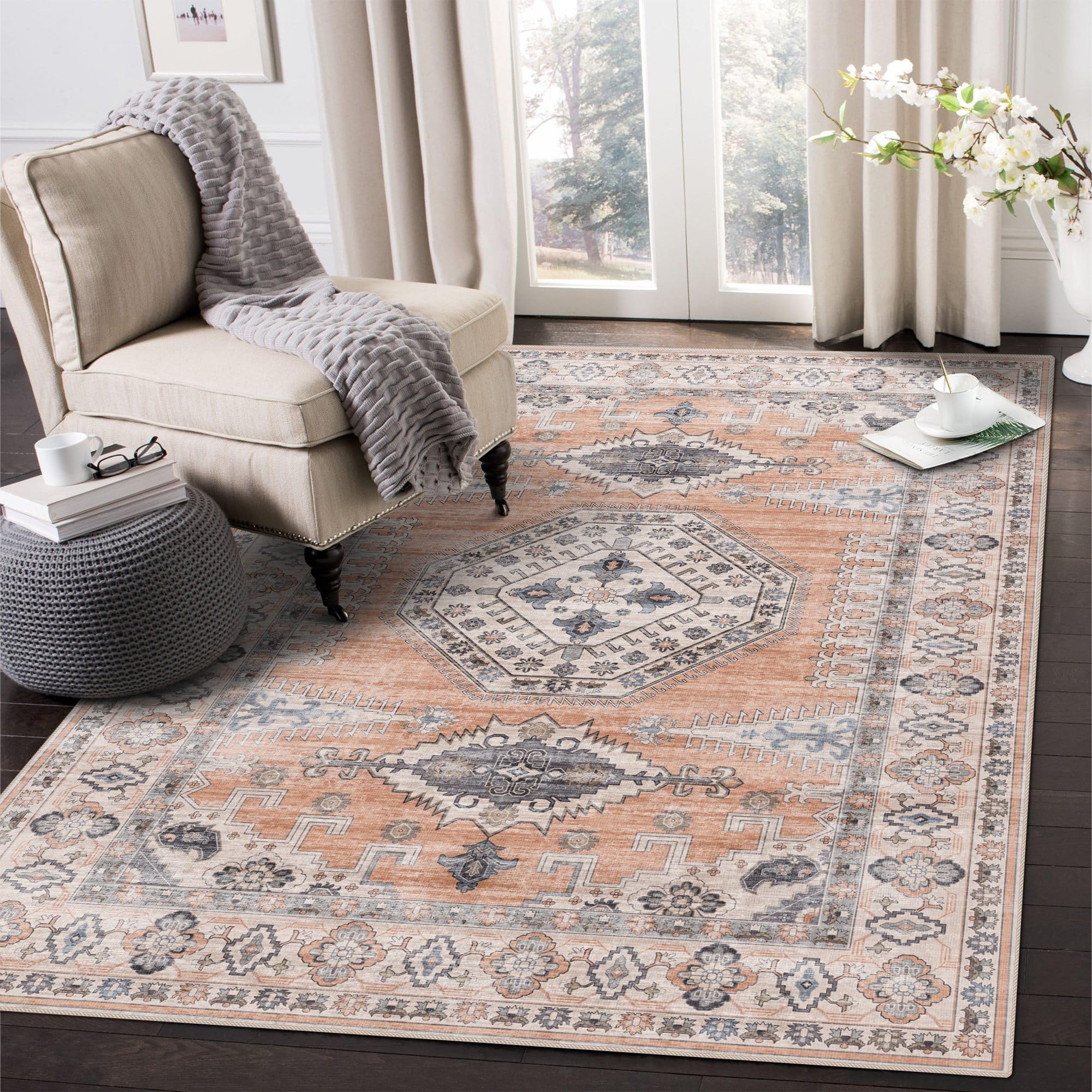 Vivorug Washable Rug, Ultra Soft Area Rug 5x7, Non Slip Vintage Rug Foldable, Stain Resistant Rugs for Living Room, Tribal Medal