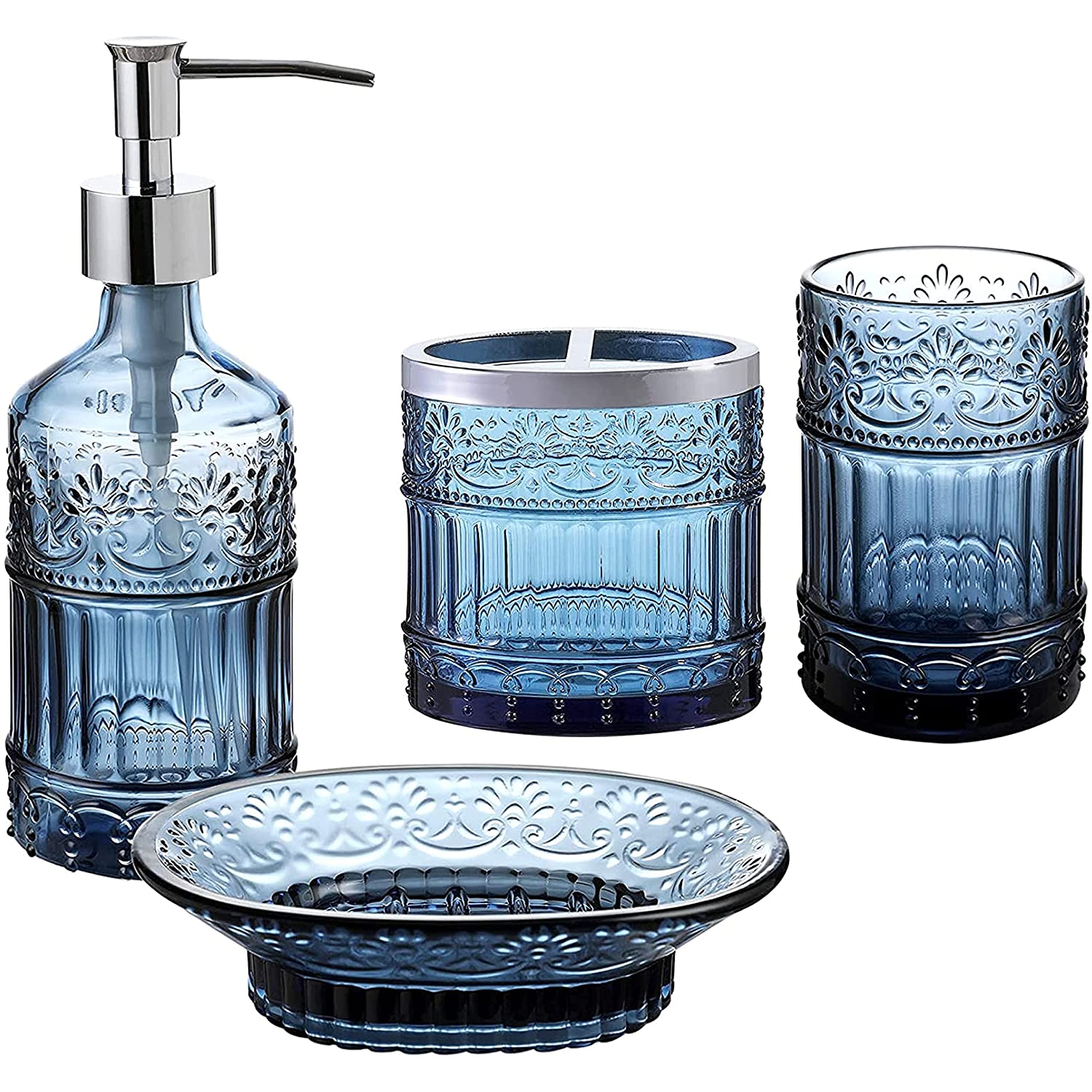 Whole Housewares | Premium Bathroom Accessory Set | 4-Piece Decorative Blue Glass Bathroom Decor Accessories Set | Soap Dispense