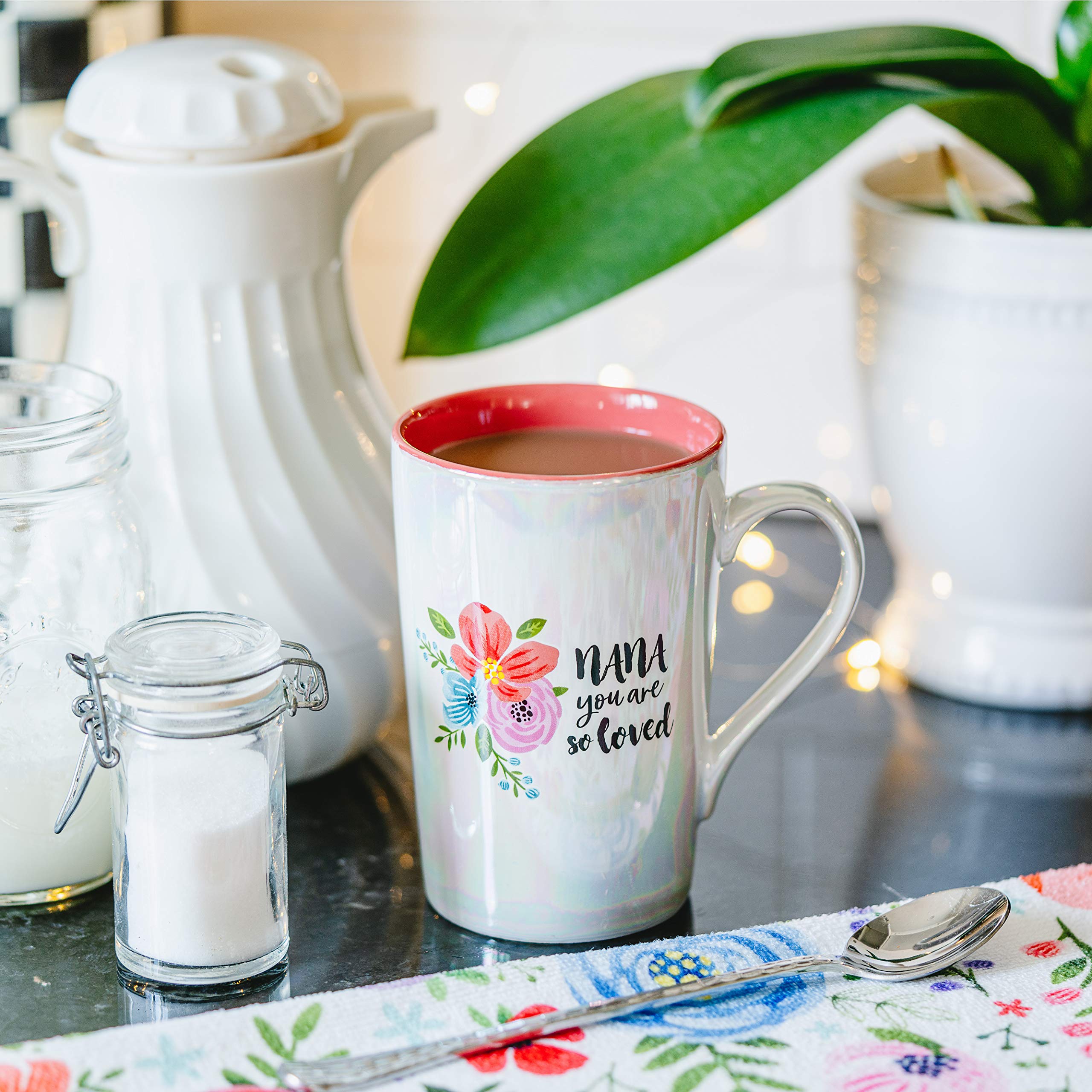 Pavilion Gift Company Nana You Are So Loved 15 Oz Stoneware Iridescent Floral Latte Coffee Cup Mug, White
