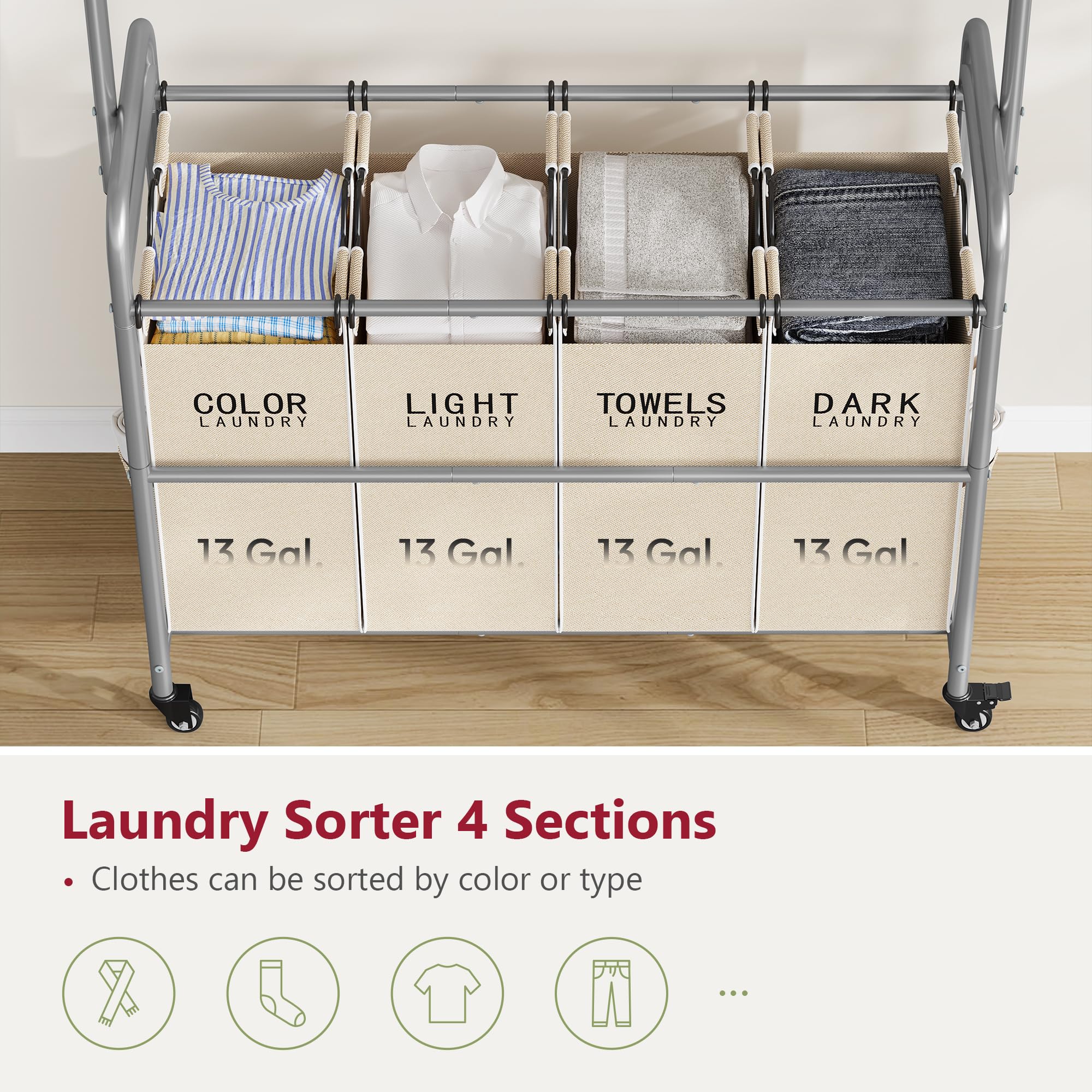 Tajsoon Laundry Hamper With Hanging Rack, Laundry Sorter 4 Sections, 4 Basket Butler With Lockable Wheels And Removable Bag, Rol