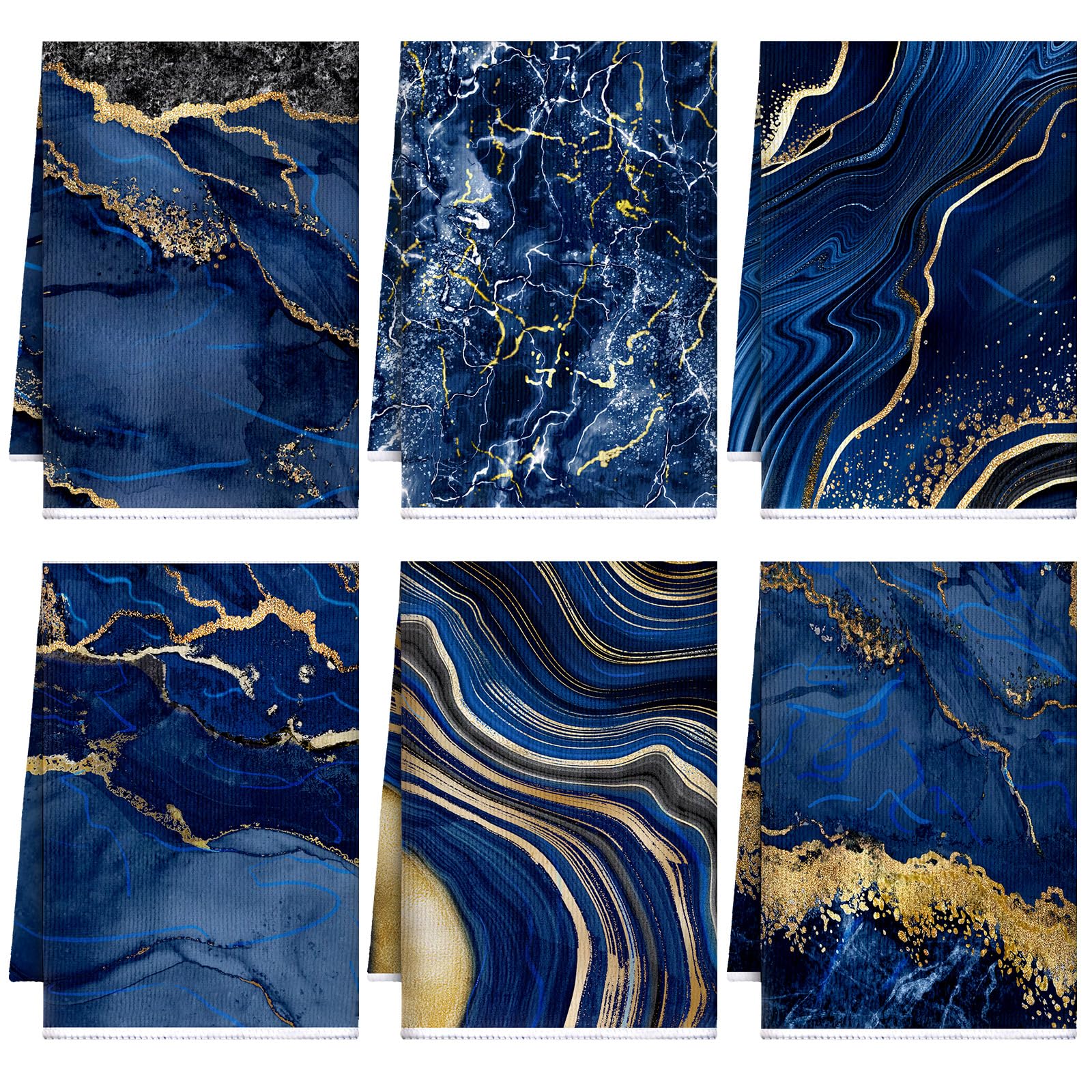 Boyiee Set of 6 Marble Kitchen Towels Blue Gold Hand Modern Absorbent Soft Decorative Dish Tea Towels 24 x 16 Inches Kitchen Gif