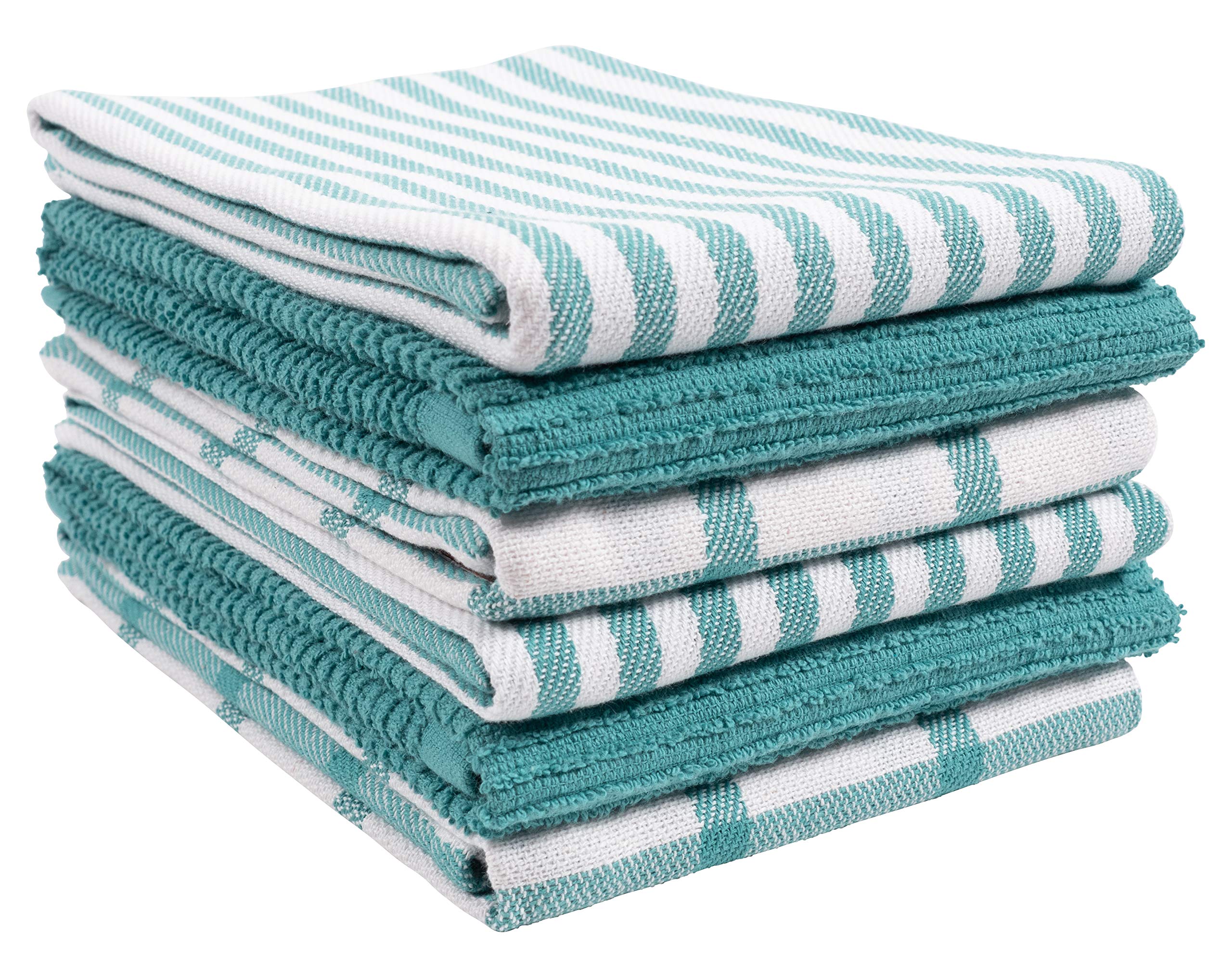 Kaf Home Premium Kitchen Towels (18'' X 28'', 6 Pack), Large 100% Cotton, Flat & Terry Absorbent Dish Towel Set (Teal)